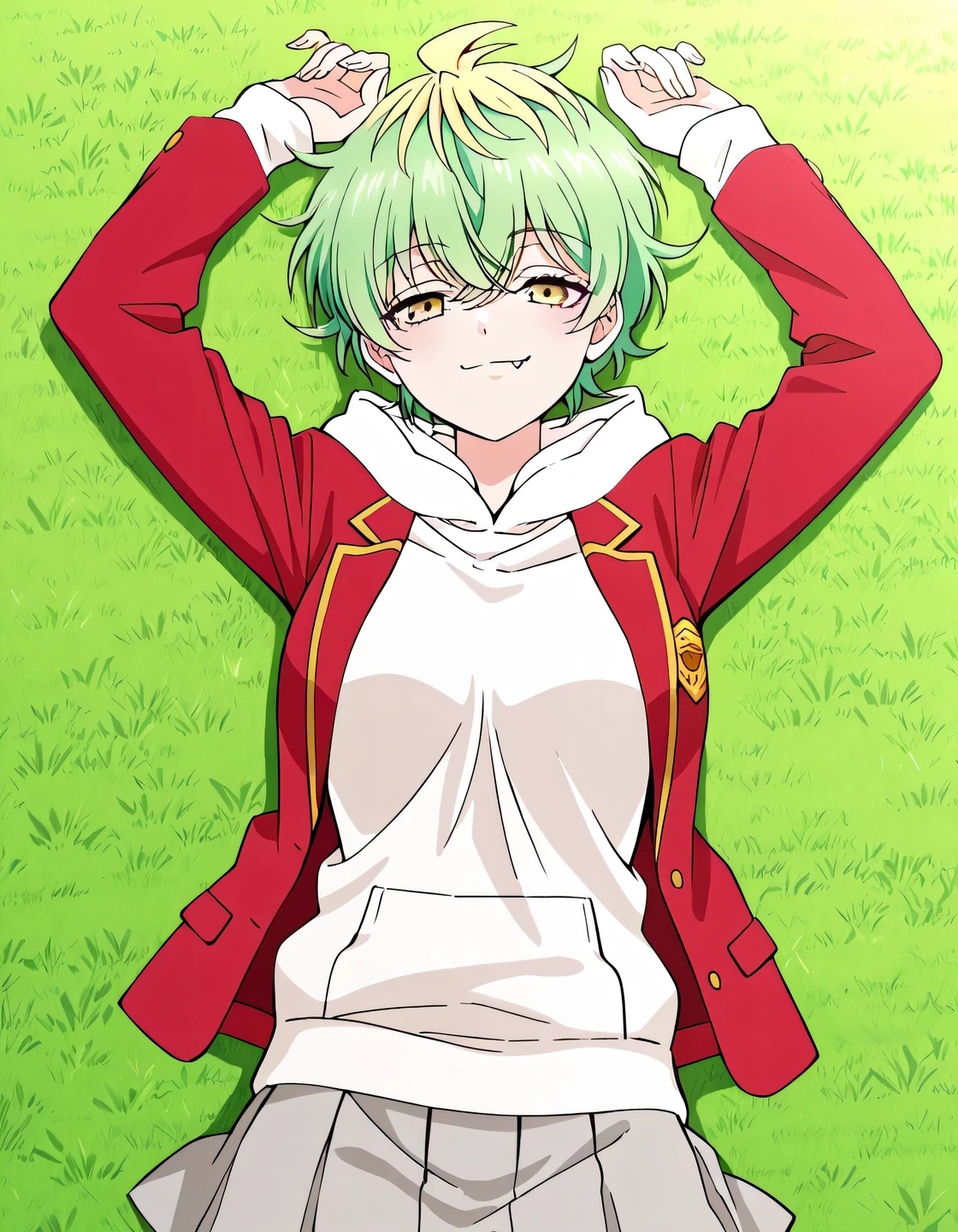 EBMiwa, medium breasts, solo, smile, short hair, green hair, blonde hair, yellow eyes, multicolored hair, two-tone hair, streaked hair, fang, ,long sleeves, school uniform, open jacket, hoodie, hood down, blazer, red jacket, white hoodie, white hood, grey skirt, miniskirt, pleated skirt, high quality, solo, lying, on back, arms up, closed mouth, on grass, looking at viewer, medium shot, cowboy shot, smirk, best quality