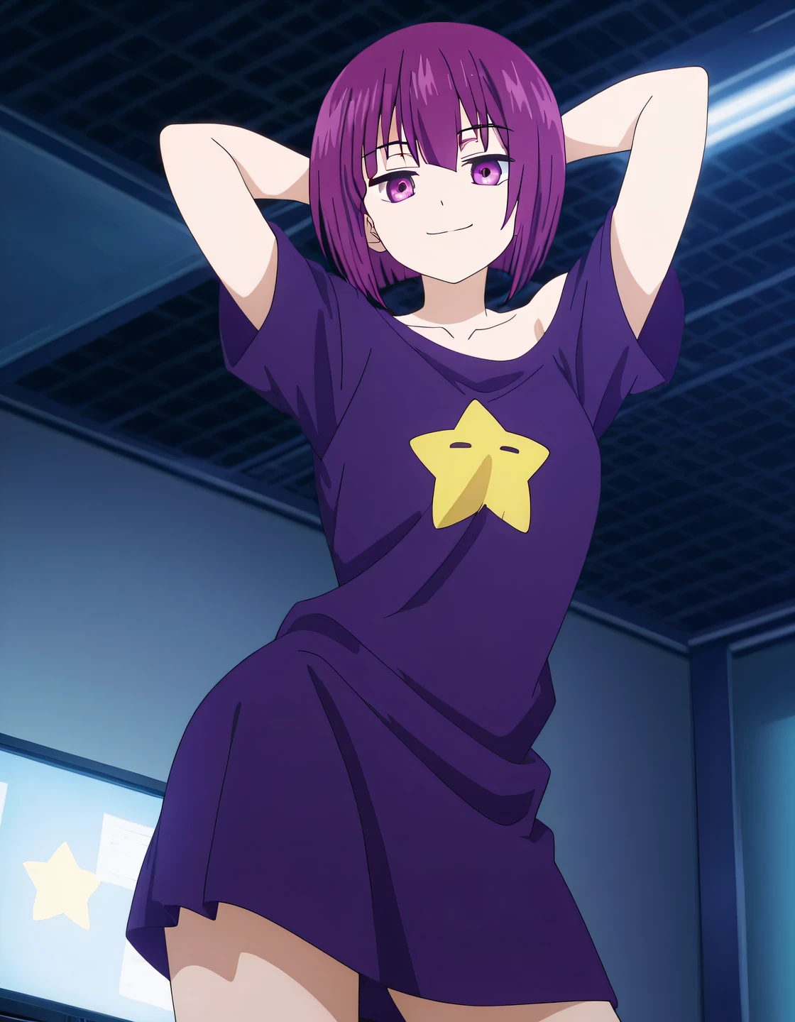 Shion, 1girl, short hair, t-shirt, purple hair, off shoulder, star (symbol), collarbone, short sleeves, purple eyes, bangs, purple shirt, anime screencap, high quality, solo, cowboy shot, (contrapposto), arms behind head, closed mouth, light out, computer room, looking at viewer, smile, best quality