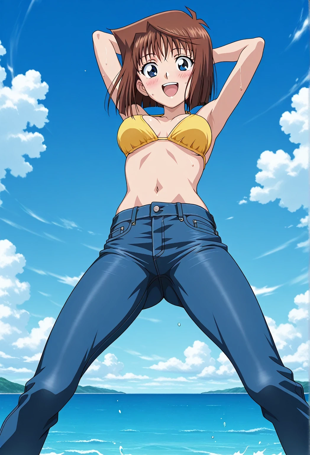 score_9, score_8_up, score_7_up, source_anime, highres, hi res, ((best quality, top quality, perfect quality, Highest Quality, amazing quality)), {{masterpiece}}, {{an extremely delicate and beautiful}}, 2d, intricate details, official style, anime, 8k, anime style, official_anime, official art, digital painting, cell shading, soft shading, high resolution, soothing tones, Subdued Color, Soft cinematic light, adobe lightroom, photolab, HDR, intricately and hyper-detailed, ((high quality animation)), 1 girl, Alone, solo, ((ocean)), tsunami, on the water, day, sunny, outdoors, sky, windy, anzu mazaki, blue eyes, brown hair, short hair, bangs, parted bangs, anime screencap, medium breasts, yellow bikini top, best quality, hyper-detailed jeans, ((blue jeans:1.9)), (dark blue jeans:0.6), full medium body, medium shot, Open mouth, smiling, happy face, blush, sweat, standing, ((arms behind head:6.0)), bowlegged, jumping pose, action, looking at viewer, spread legs, Bend knees slightly, straight-on front view