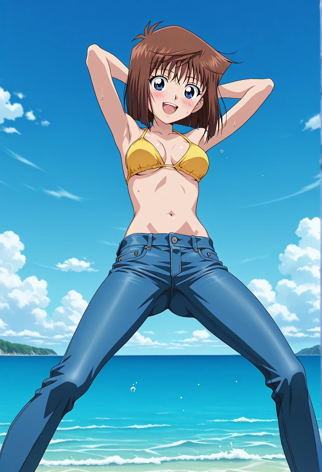 score_9, score_8_up, score_7_up, source_anime, highres, hi res, ((best quality, top quality, perfect quality, Highest Quality, amazing quality)), {{masterpiece}}, {{an extremely delicate and beautiful}}, 2d, intricate details, official style, anime, 8k, anime style, official_anime, official art, digital painting, cell shading, soft shading, high resolution, soothing tones, Subdued Color, Soft cinematic light, adobe lightroom, photolab, HDR, intricately and hyper-detailed, ((high quality animation)), 1 girl, Alone, solo, ((ocean)), tsunami, on the water, day, sunny, outdoors, sky, windy, anzu mazaki, blue eyes, brown hair, short hair, bangs, parted bangs, anime screencap, medium breasts, yellow bikini top, best quality, hyper-detailed jeans, ((blue jeans:1.9)), (dark blue jeans:0.6), full medium body, medium shot, Open mouth, smiling, happy face, blush, sweat, standing, ((arms behind head:6.0)), bowlegged, jumping pose, action, looking at viewer, spread legs, Bend knees slightly, straight-on front view