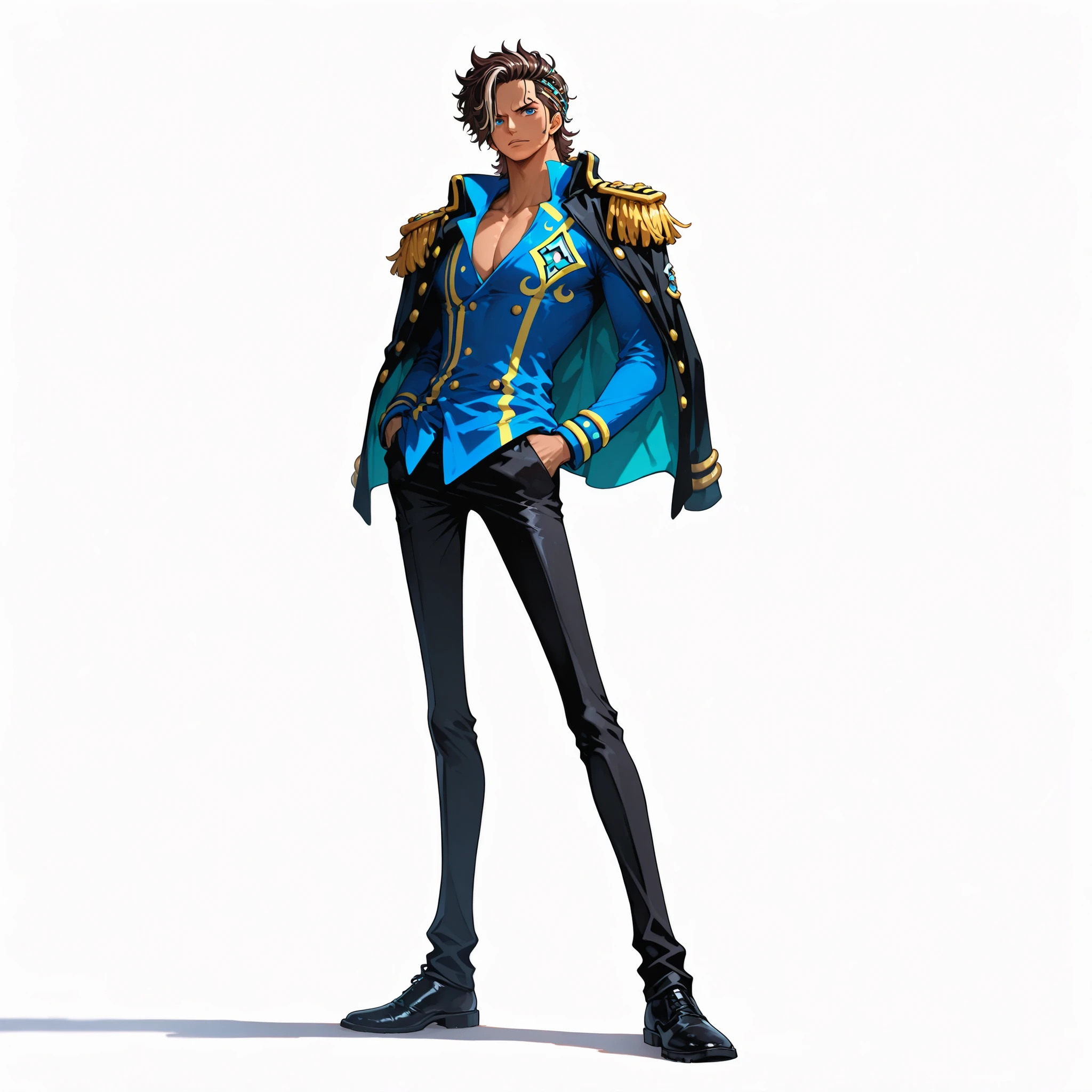 (male), (man), (slim body, dark skin), (brown hair), (mullet classic hairstyle), (blue eyes), (solo), (single character), (full body version), (white background), (no background), (highly detailed), (shadow), (standing pose), (natural light), (detailed outfit), (detailed hand), (detailed face), (detailed hair), (hand in pocket)
wearing formal military-style uniform with structured jacket, matching trousers, decorated shoulder epaulettes, and black polished shoes, (one piece style art)