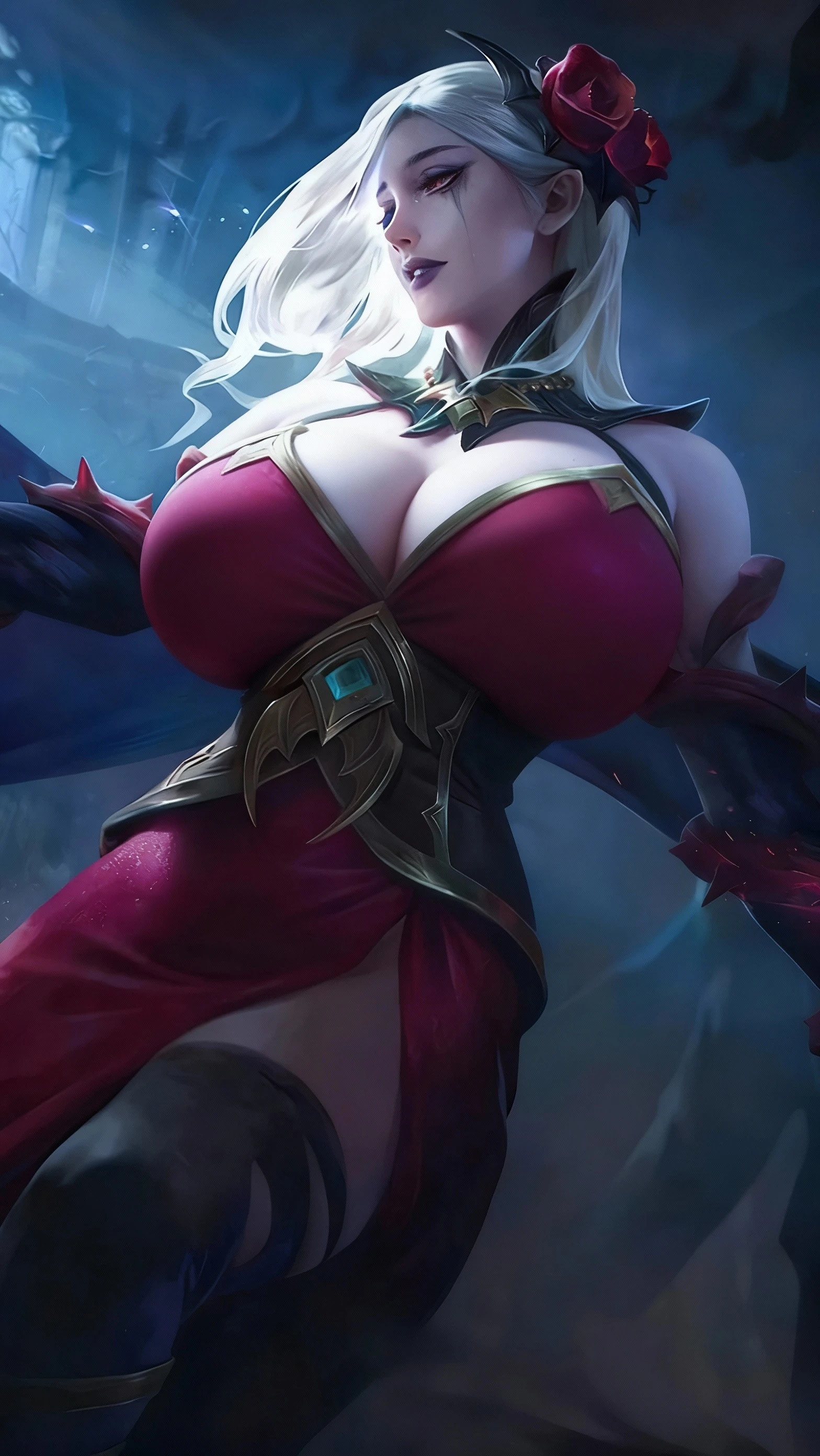 NSFW Photo of Coven Evelynn from League of Legends, hyperdetailed intricately detailed art trending on Artstation triadic colors Unreal Engine 5 detailed , 8k resolution, deviantart masterpiece, fully naked, nude, (gigantic breasts: 1.4), seductive pose, clean pale skin, perfect pale smooth nipples, red detailed eyes flashing with allure, (fancy hair cascading down her back), fancy black make-up, black brows, eyeliner, blushing, parted lips, saggy breasts, clean face