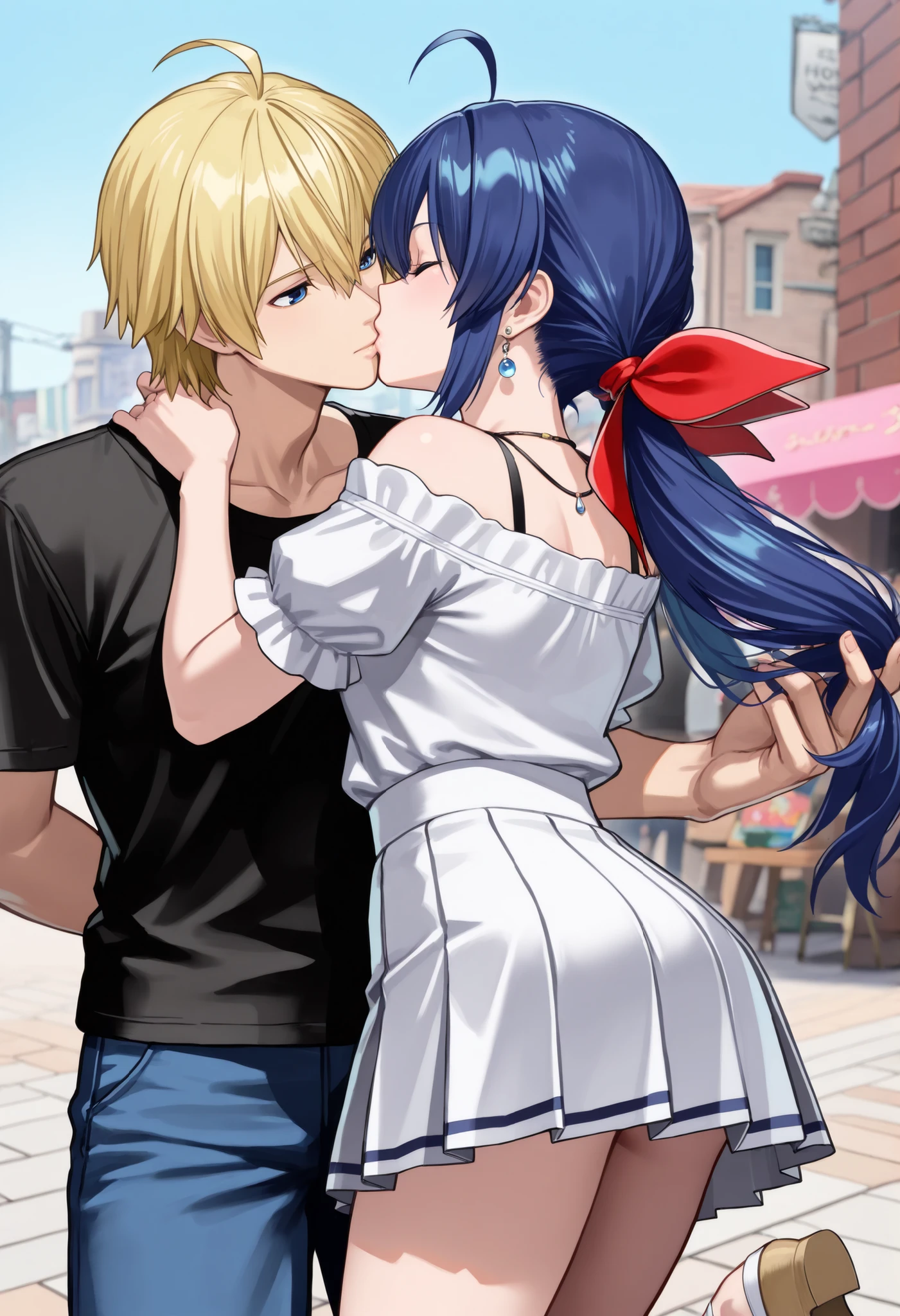 (masterpiece, best quality : 1.2), {{vivid animated colors}}, {{high resolution}},,, , strong wind, raytracing, ,,,,,,,,,1 girl and 1 man standing together, the girl(Hotaru Futaba,, , beautiful woman,,,,twintails, ahoge,red ribbon, hair ribbon, (blue hair:1.4),,,, blue eyes, low twintails, , long hair, ,,, hair bow, hair between eyes, sidelocks, ,,,,,,,,,,,white off-the-shoulder blouse,,,,short-sleeves blouse,,,,,shoulder straps of blouse, ,,,,,white pleated skirt,,,,yellow lace panty,,,,,upskirt,,white sandals,,,,, high heels,,, , Manicure, pedicure, earrings,necklace,,),,,,,,,,,,,,,,,,,,,,,the man((rock howard),(yellow hair:1.4),,,,,),,,(,the girl’s hair is blue:1.4),,,,hug,hugging,kiss,kissing,shopping street,blue sky,,,,cowboy shot