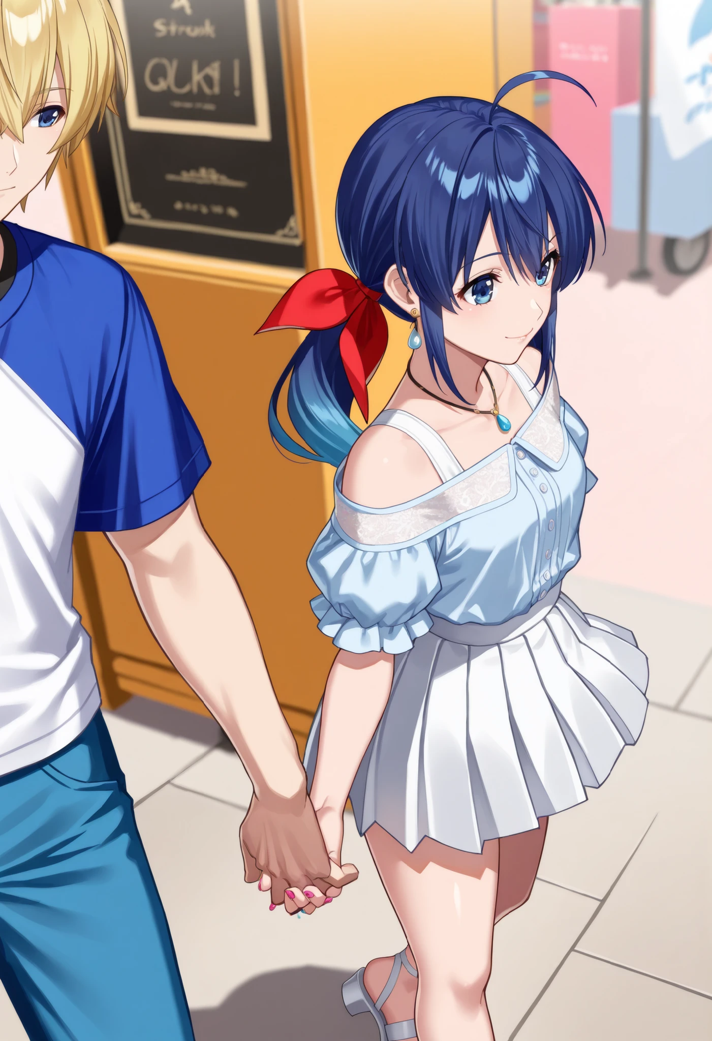 (masterpiece, best quality : 1.2), {{vivid animated colors}}, {{high resolution}},,, , strong wind, raytracing, ,,,,,,,,,1 girl and 1 boy standing together, 1girl(Hotaru Futaba,, , beautiful woman,,,,twintails, ahoge,red ribbon, hair ribbon, (blue hair:1.4),,,, blue eyes, low twintails, , long hair, ,,, hair bow, hair between eyes, sidelocks, ,,,,,,,,,,,white off-the-shoulder blouse,,,,short-sleeves blouse,,,,,shoulder straps of blouse, ,,,,,white pleated skirt,,,,yellow lace panty,,,,,upskirt,,white sandals,,,,, high heels,,, , Manicure, pedicure, earrings,necklace,,),,,,,,,,,,,,,,,,,,,,,1boy((rock howard,),golden hair),,,,,,,(hand holding,, interlocked fingers,,side-by-side,,,:1.4),,,shopping street,blue sky,,,,cowboy shot