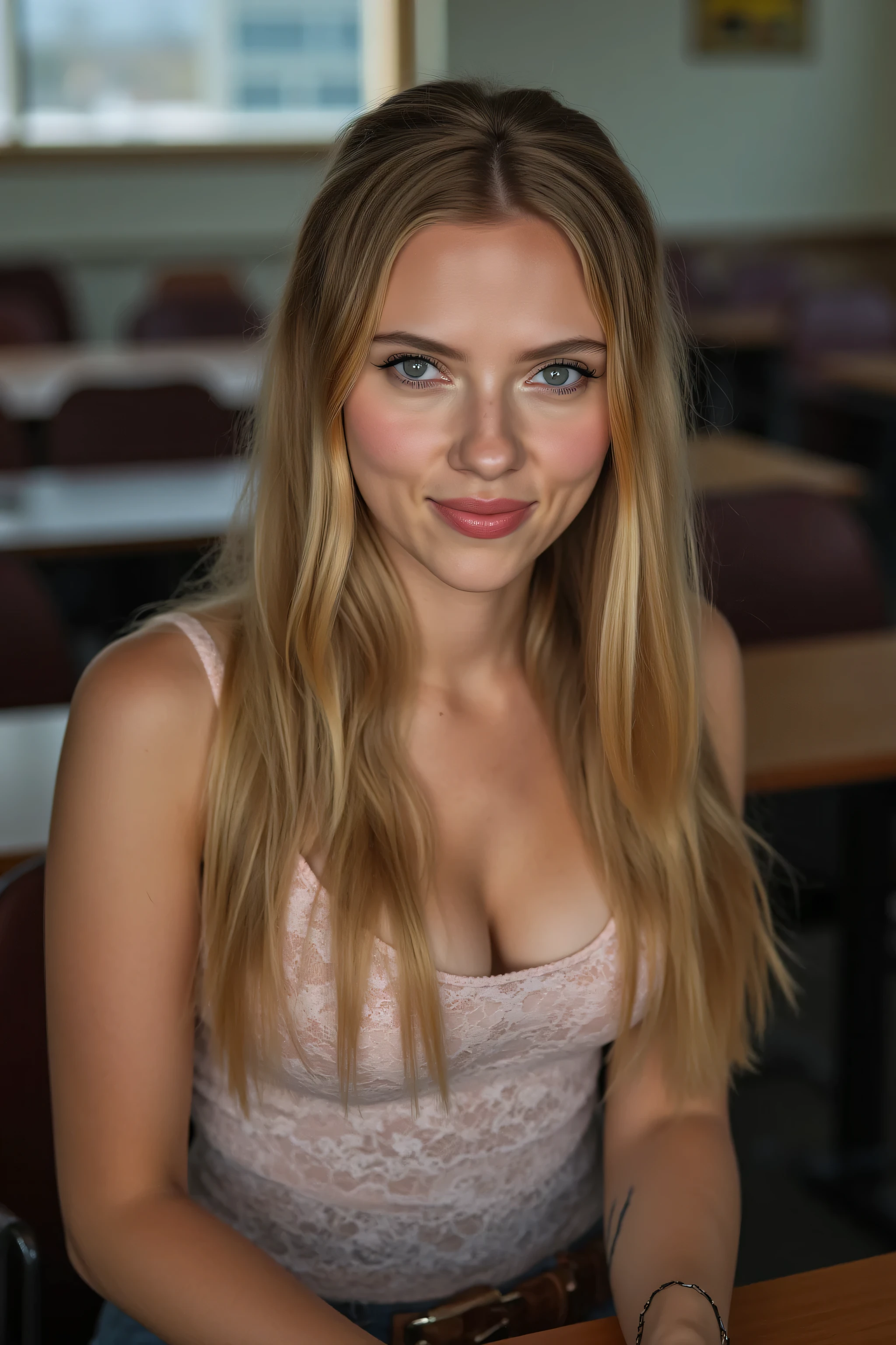 (fotorealistisch, high quality, Meisterwerk, Filmphoto, ROH) Schoolgirl, long hair with blonde highlights, Braids, Low neck lace tank top, short skirt heavy eye makeup, Viel Make-up, big blue eyes, dicke Lippen, kurvig, vollbusig, cleavage, sitting on the desk in the classroom, soft smile