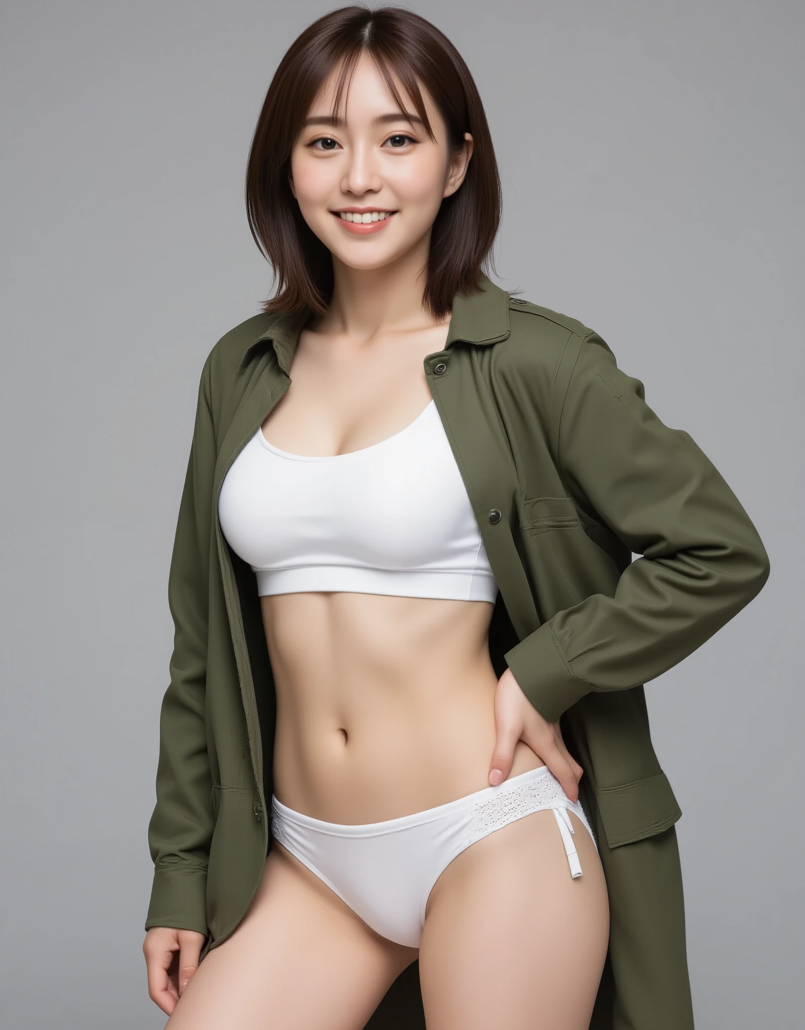 Kasumi Ishikawa,Highly Detailed CG Unity 8k, Highest Quality、 Super Detailed、young and lovely 20 year old Japanese woman、smile、show me your pussy by shifting、 beautiful breasts、 lingerie、 wearing plain white low panties、wrinkle-free white cotton realistic panties 、panties with straps on the side、 white bra 、with bangs、scrap mercenary uniform、open her legs slightly and show me her panties、 a semi-body shot with her panties fully visible、 the moment it almost falls