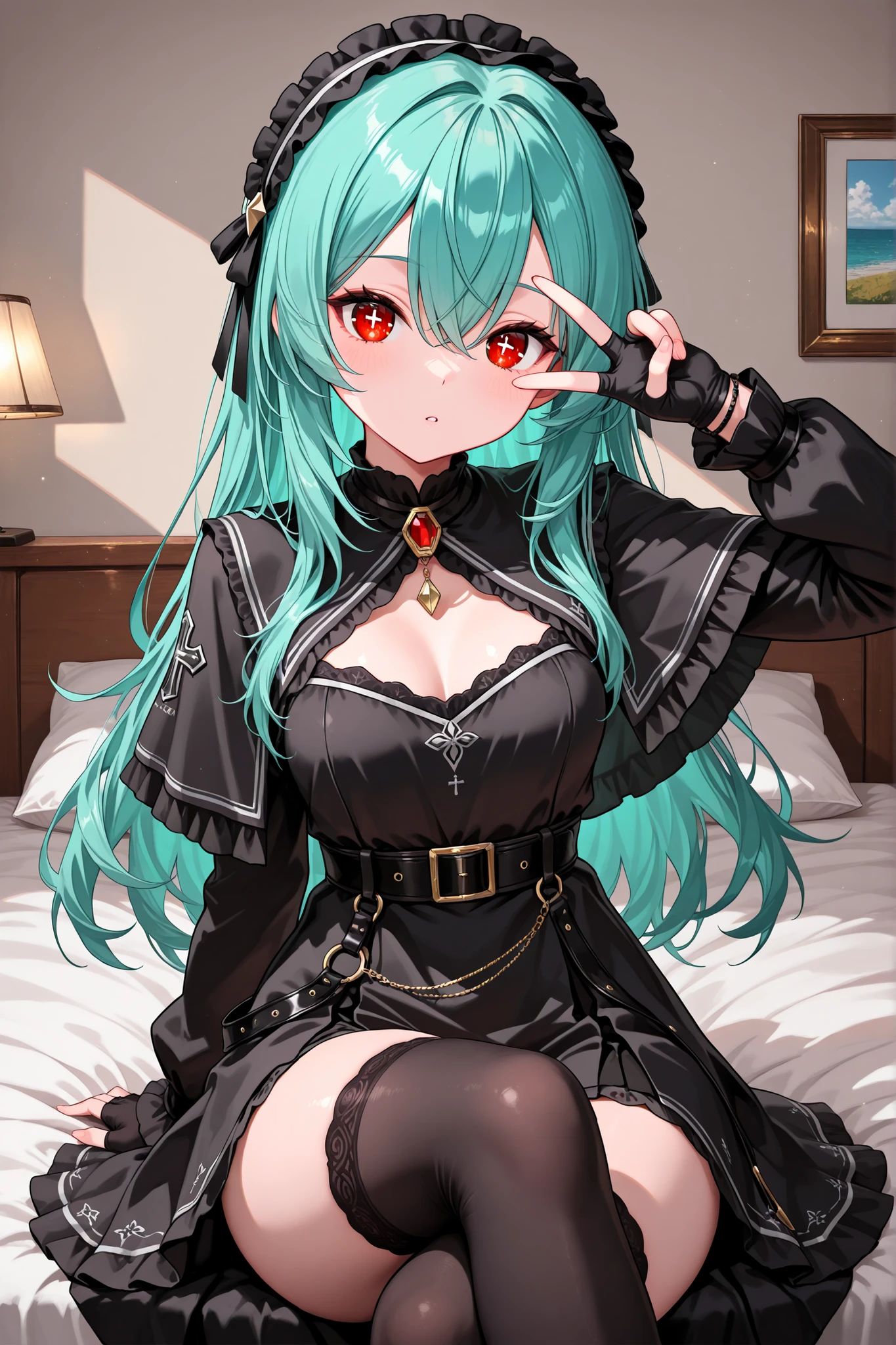 20m-rft45, in room,sitting bed,peace sign,peace over eye,v over eye,red eyes,cross legs, cross-shaped_pupils, symbol-shaped_pupils, aqua hair, long hair, 1girl, red eyes, black dress, bangs, long sleeves, black capelet, hair between eyes, jewelry, belt, black thighhighs, thighhighs, fingerless gloves, headdress,masterpiece,Highest Quality,Very Detailed,Ultra High Definition,8k,4k,simple back ground,beautiful eyes,catchlight,
