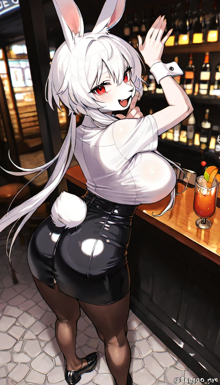 1girl, , wide , dark-skinned female, dark skin, white hair, yellow eyes, tiger print, tiger ears, highleg, highleg , micro , tiger tail, smile, smirk, smug, bar, thighhighs, full_body, ((full body)), standing, neon, neon trim, futuristic, science-fiction