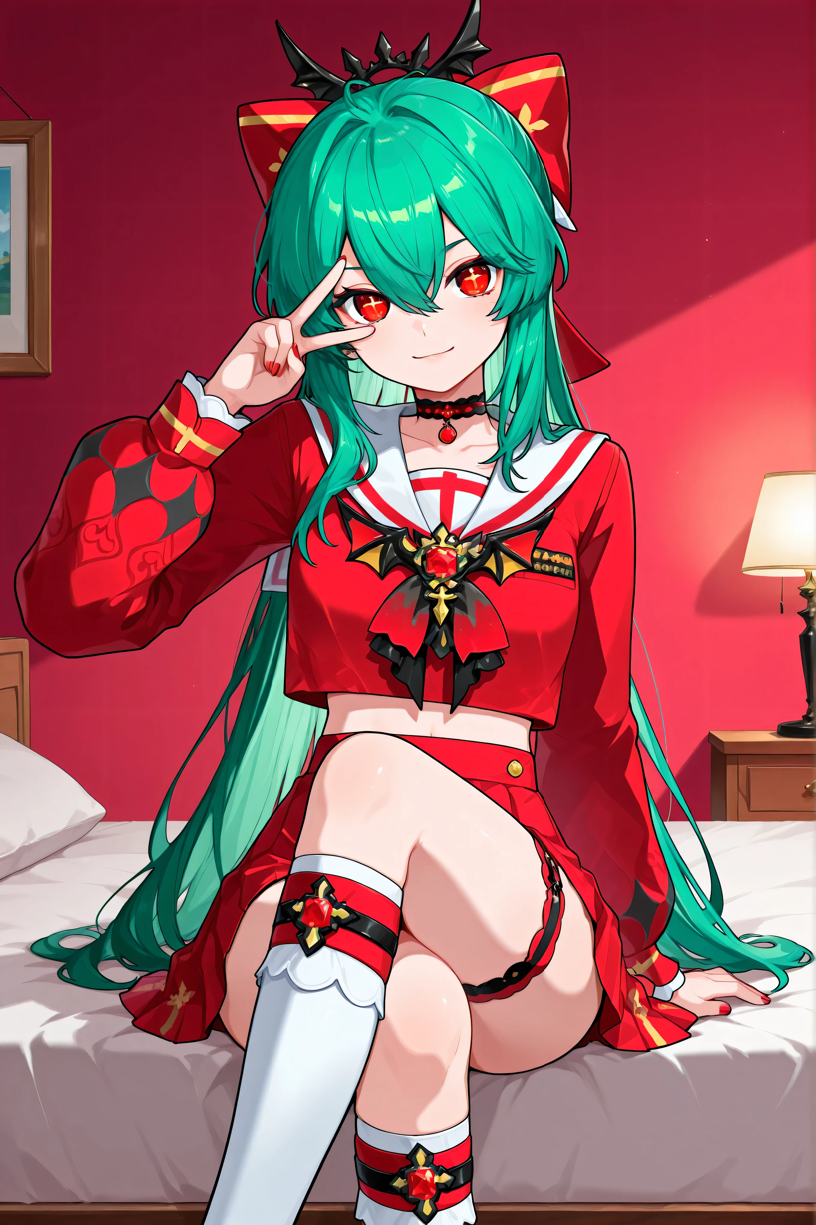 Apichaya Chaipattama,in room,sitting bed,peace sign,peace over eye,v over eye,red eyes,cross legs, cross-shaped pupils, green hair, long hair, hair between eyes, red nails, red serafuku, black choker, ascot, gem, midriff, puffy long sleeves, thigh strap, white socks, kneehighs,