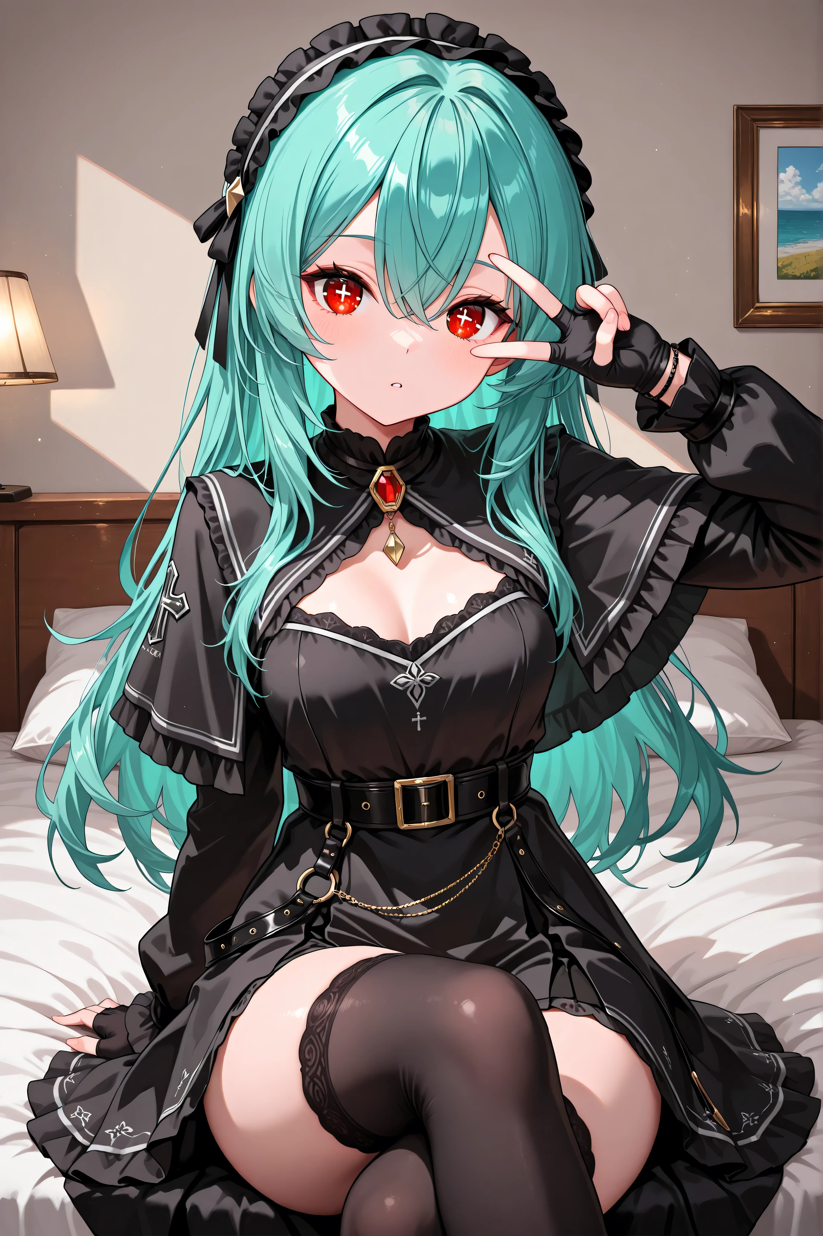 20m-rft45, in room,sitting bed,peace sign,peace over eye,v over eye,red eyes,cross legs, cross-shaped_pupils, symbol-shaped_pupils, aqua hair, long hair, 1girl, red eyes, black dress, bangs, long sleeves, black capelet, hair between eyes, jewelry, belt, black thighhighs, thighhighs, fingerless gloves, headdress,masterpiece,Highest Quality,Very Detailed,Ultra High Definition,8k,4k,simple back ground,beautiful eyes,catchlight,