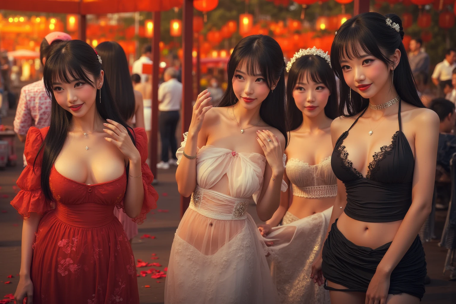 ((top-quality、masutepiece、8K、Top image quality、Highly complex and detailed depictions))、(Group photo of 20 Chinese prostitutes:1.5)、Chinese garrison house at night、((The most gorgeous Chinese ?????????? huge costume、The most luxurious and huge garrison、An unimaginably luxurious garrison、A gurihouse shining in purple and pink、purple and pink lanterns、Take a group photo with a very luxurious and huge garrison in the background、Huge red light district at midnight、Very complex decoration、Very clear garrison))、(View me、Bewitching smile、Perfect makeup、long eyelashes、pink lipsticks、Pink eyeshadows、perfect anatomia、Biggest smile)