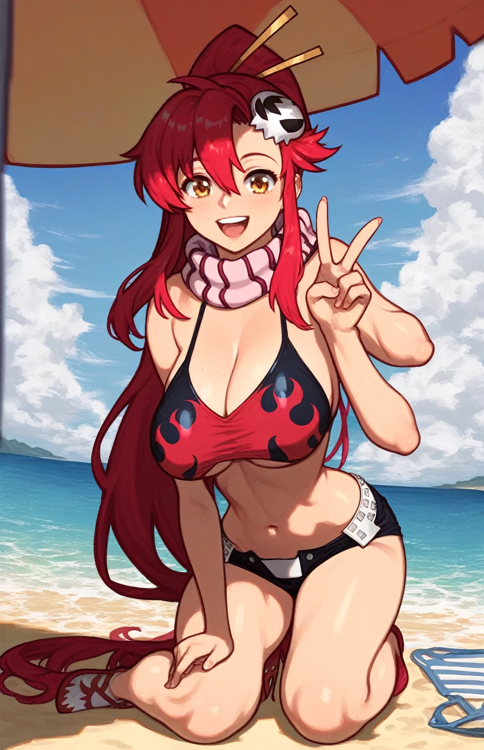 score_9, score_8_up, score_7_up, score_6_up, source_anime, 1girl, solo, <lora:kouzukikallen-pdxl-nvwls-v1-000006:1> kouklln, red hair, short hair, flipped hair, blue eyes, visor cap, necklace, vest, sleeveless, red , front-tie , , wink, beach, salute, blue sky, clouds