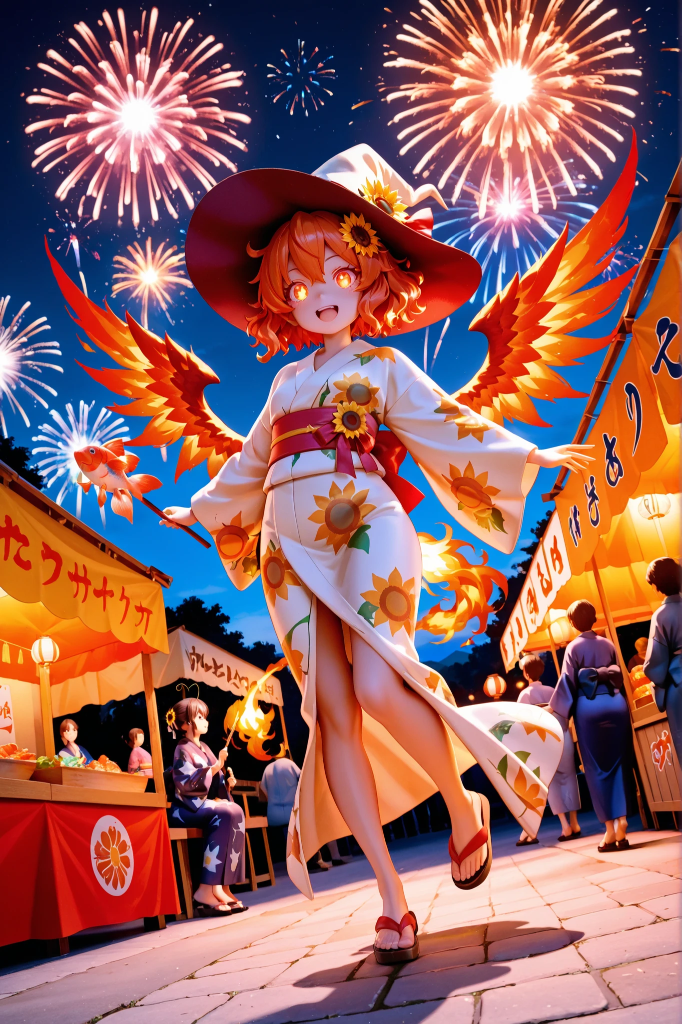 masterpiece, highest quality, amazing quality, perfect face, highest resolution, anime style, hentai anime style, 3DCG style, 1girl, solo, chibi, sandori, sun girl, burning hair, red and orange hair, messy hair, short hair, fluffy wavy hair, sun hair accessory, hair ribbon, Sunflower hair ornament, flaming tail, flaming wings, sun antennae, burning eyes, Fiery eyes, sun-themed clothing, sun clothes, dynamic pose, low-angle shot, Wizard, wizard outfit, wizard, wizard, sweet wizard, wizard hat, wand, wand, wizard, wizard, wizard outfit, casting spell, magic effects, Yukata, Yukata, sexy Yukata, fireworks display, festival, food stall, fireworks, shooting up into the sky, colorful fireworks, light from a food stall, light from fireworks, night, goldfish fishing stall, frankfurter stall, crowd, dynamic pose, low-angle shot, (full body), dynamic pose
