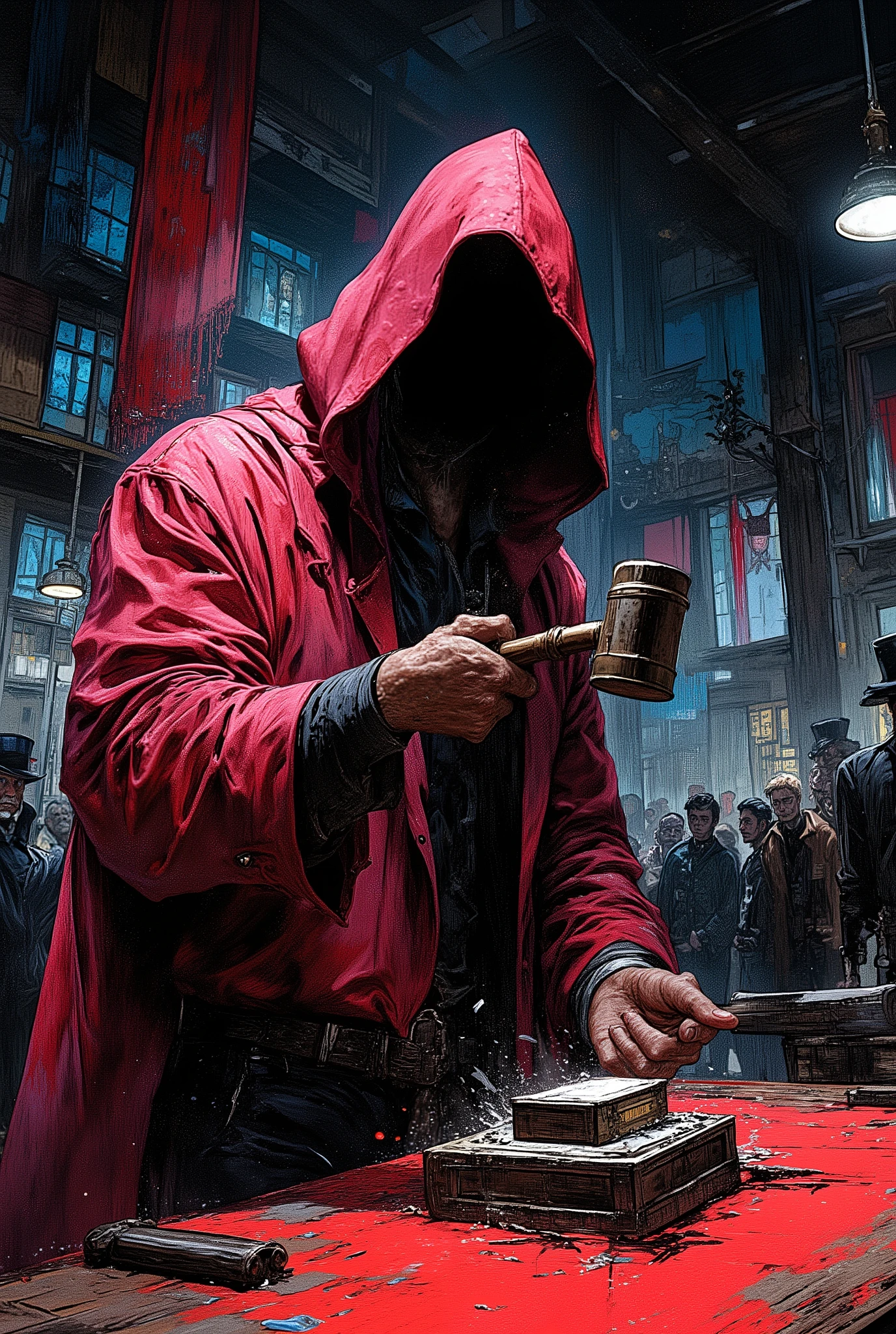 This is a high-quality masterpiece in watercolor style.. dark side auction。Auctioneer standing behind the auction table、Suspicious、Yashige 、slams an auction hammer against the auction table、Buyers who sold their souls to the devil、retro Western-style old musty auction venue、dull spotlight、Vivid and pop colors, and、High contrast combines humor and comedy. the scene is depicted with documentary realism, From a dynamic, zoomed-in perspective,.