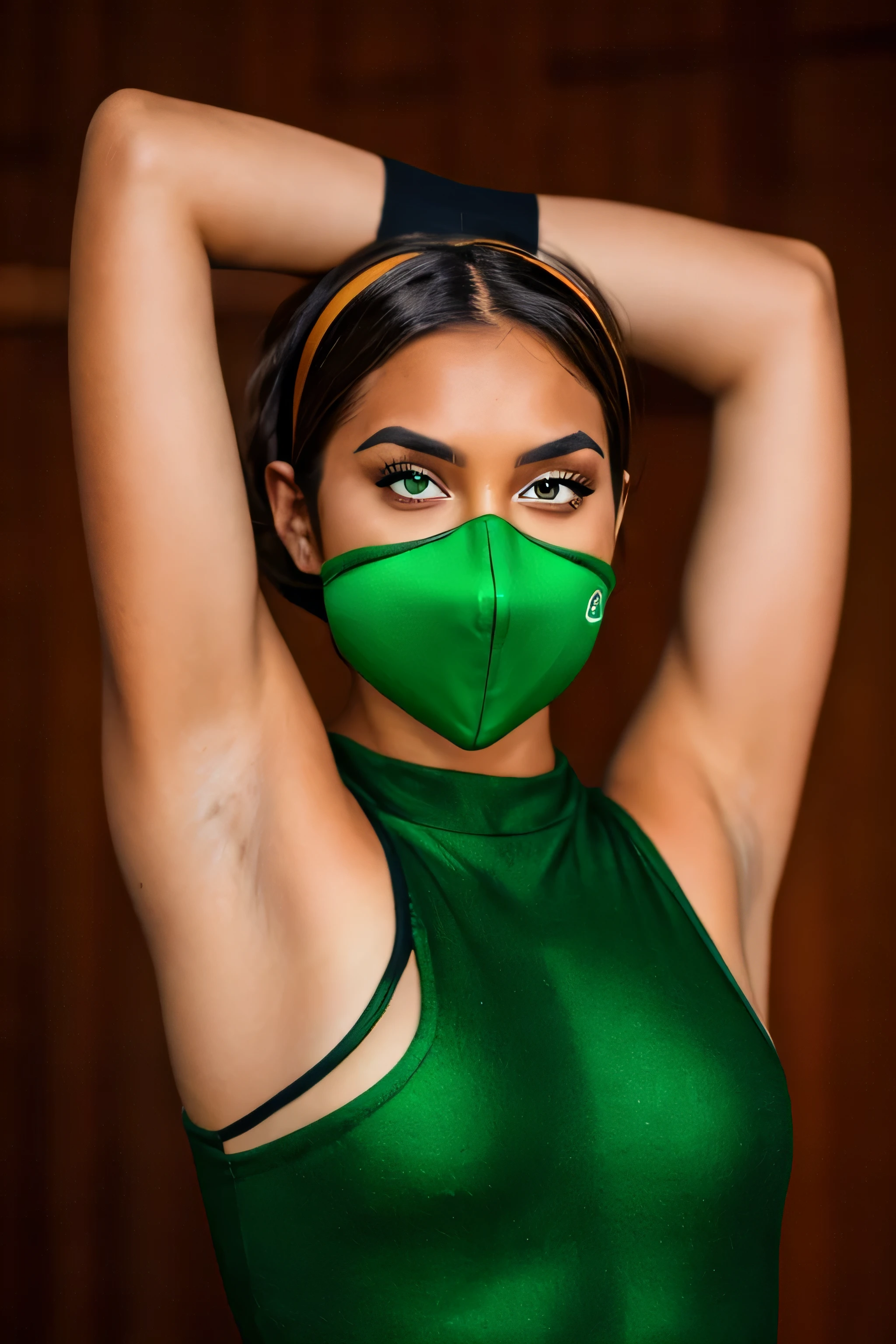 Jade, human woman with wheatish complexion,sleeveless.She has brown eyes and blackish blue clothing. Her hair is blackish brown in color; She is beautiful.Tsundere face.,mature appearance,armpits,sweat,sweaty,sweaty armpits,arms up,showing armpits,awesome armpits,outfit,blackish green arm warmers,blackish green arm bands,black arm warmers, wearing Konoha headband,wearing green face mask