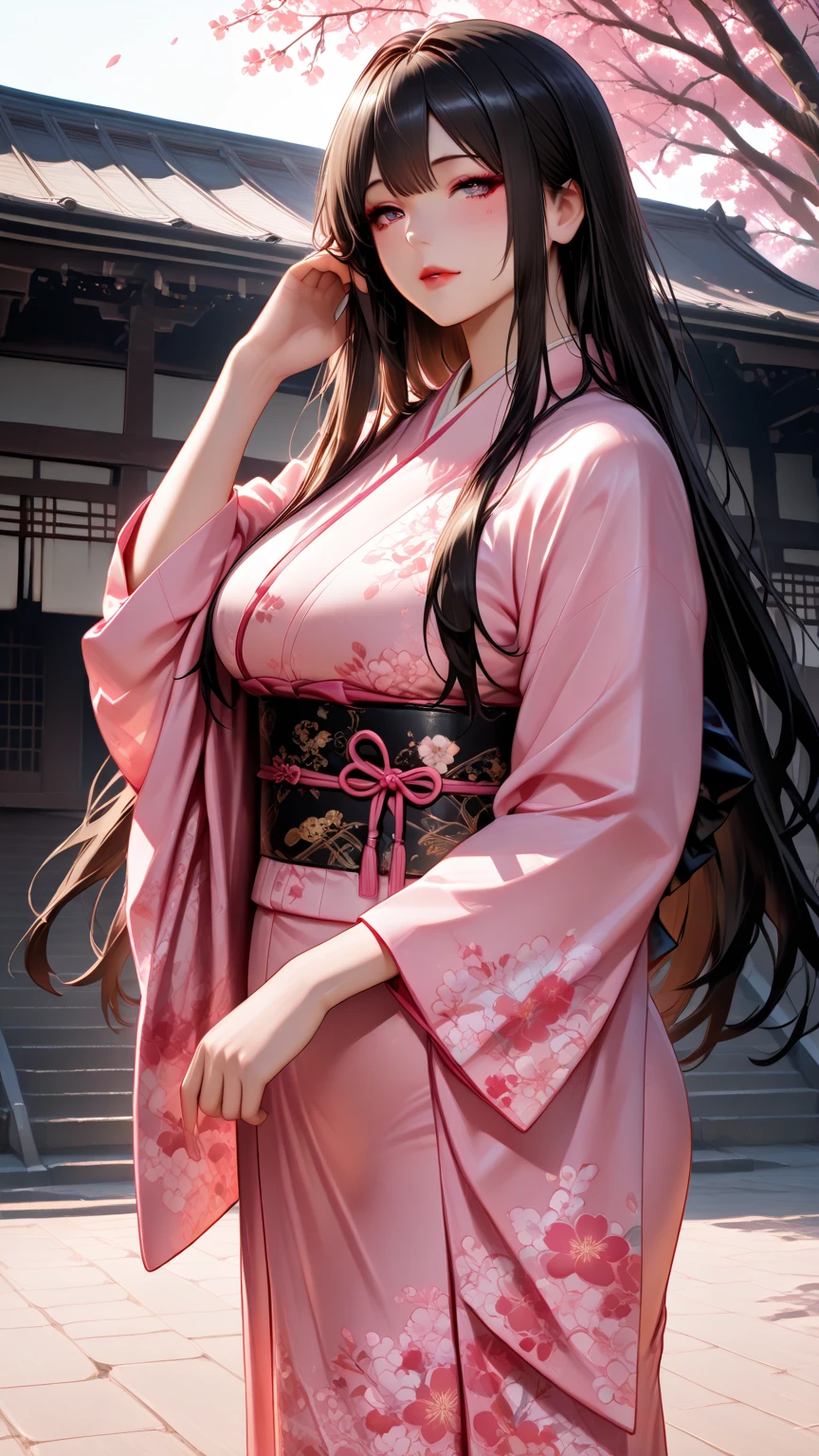 masterpiece, best quality, highly detailed, ultra high res, (photorealistic:1.8), unreal_engine, photograph, realistic_skin_texture, nezuko, kamado nezuko, 1girl, solo, long hair, black hair, pink eyes, multicolored hair, hair ribbon, (bamboo gag, bite gag), portrait, looking at viewer, smile, pink kimono, own hands together, rialistic photo、Real Images、Top image quality、masterpiece, (Pink kimono), seductived faced, good lighting, beautiful thigh、adult appeal、Adults、Big、, finely detail, masterpiece,I can see my 、 radiant eyes, 1girl in, A dark-haired, , Kamado Nezuko, wisteria background, masterpiece, top-quality, POV, shot,