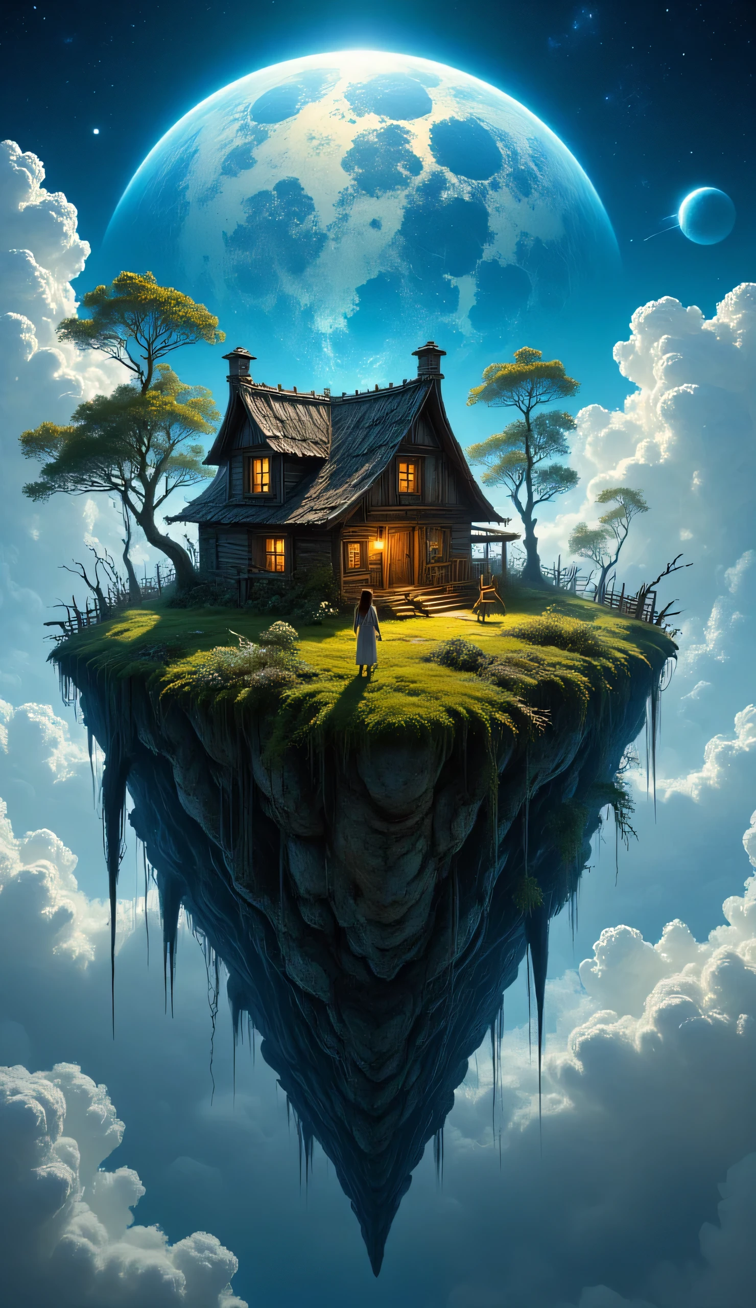 Tiny woman standing in front of rustic log cabin on floating island suspended in clouds. Cozy cottage with glowing windows, weathered wood chimneys, emerald grass, birch trees, wooden fence on inverted rocky cliff base. Brilliant full moon, deep blue starlit sky, billowing white clouds. Hyperrealistic digital art with photorealistic textures, dramatic lighting, fantasy surrealism