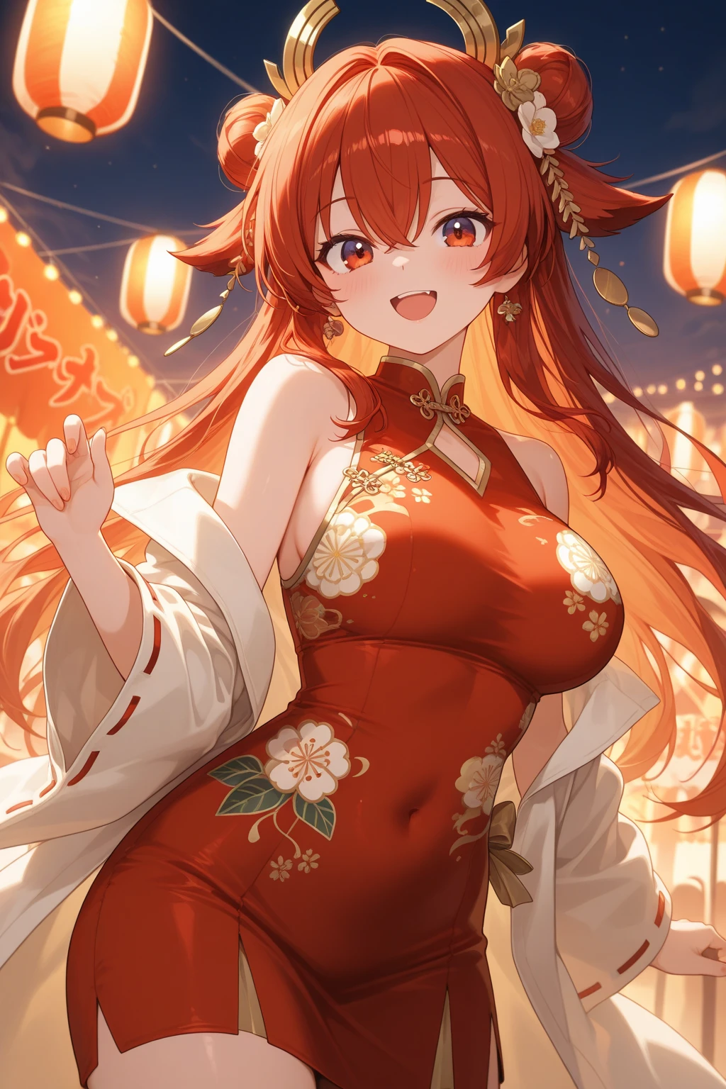 best quality, masterpiece, highres, solo, {uehara_ayumu_loveliveschoolidolfestivalallstars:1.15}, bangs, medium_hair, yellow_eyes, hair_bun, hair_ornament, single_side_bun, smile, blush, orange_hair, pink_hair, braid, swept_bangs, blunt_bangs, half_updo, green_eyes, 1girl, bun_cover, chinese_clothes, double_bun, looking_at_viewer, china_dress, hand_fan, holding_fan, , dress, holding, twin_braids, wrist_cuffs, folding_fan, jewelry, sidelocks, cleavage, earrings, 