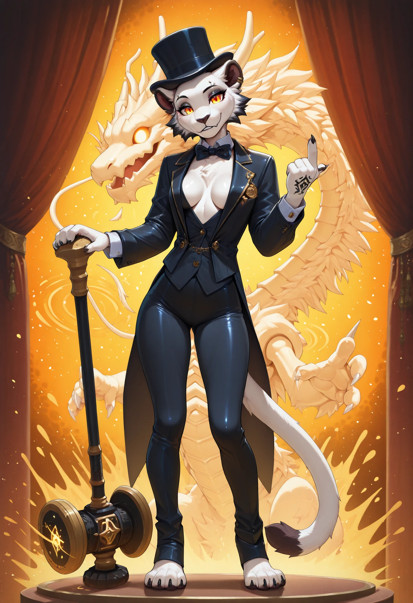 solo , anthro , Zaffa , female, lioness, Orange gradient eyes, black and white hair , white fur , fluffy fur , detailed fur , black tattoo , eyebrow piercing , ear clip , slim body、masterpiece:1.2, best quality, standing on an auction stage, ((raising auctioneer hammer)), midnight, upper body, holding glowing dragon egg, holding gavel, motioning behind her, raised finger, head tilt, suit and bowtie, top hat, ((floating scrolls in background, glowing scrolls)), curtains pulled apart, ((large dragon skeleton on platform)), thin,dramatic composition with ink splatter effects, manga style with explosive effect,dramatic lighting,
