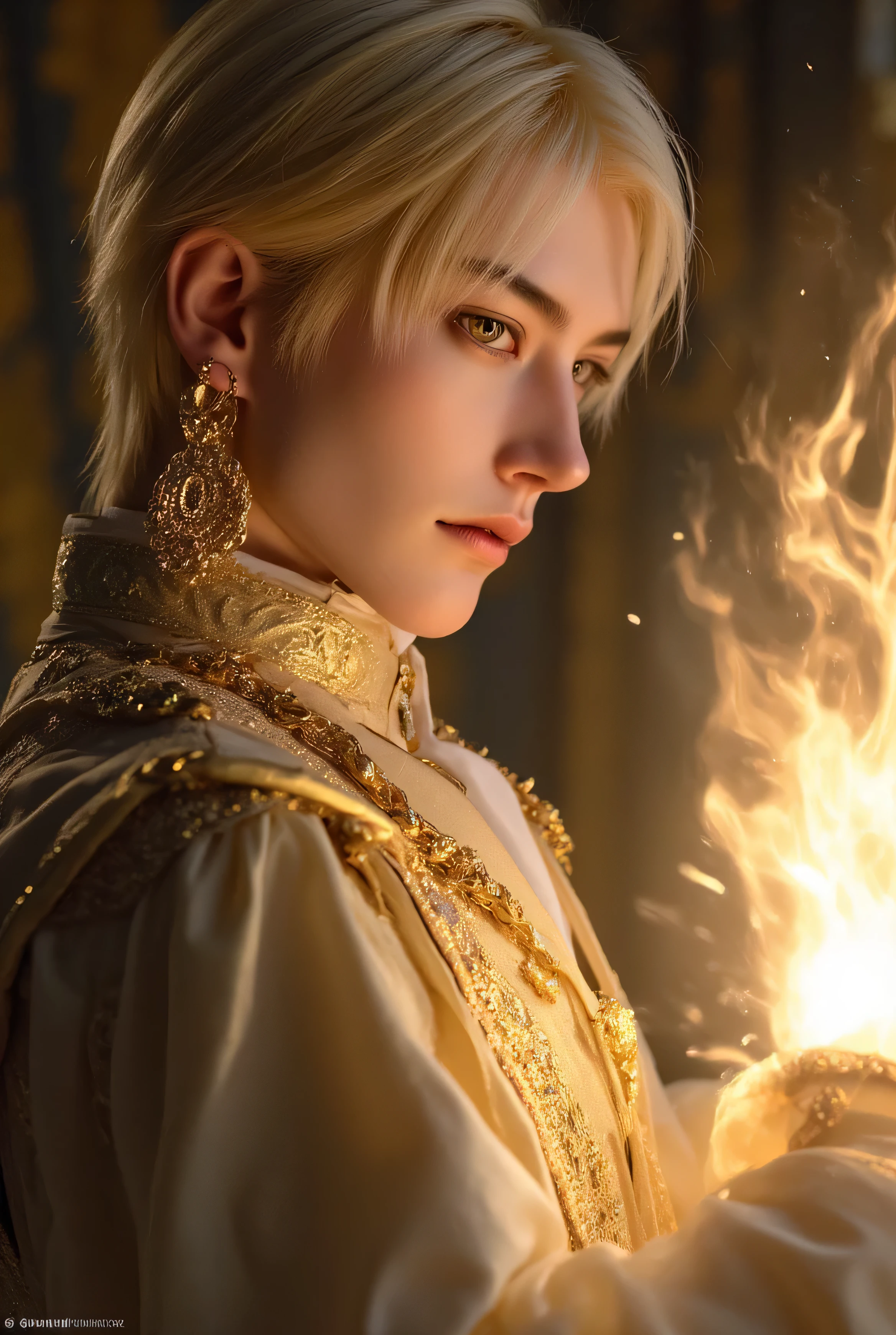 hanging eye、Short blond man、very large golden eyes、Thin, clean, high nose、A slender, slender jaw、Fair skin、Thin golden eyebrows、A man with a gorgeous necklace、A beautiful man with gorgeous large earrings、hkmagic,real fantasy、Ultra fine and precise live action、Ultra fine and precise hands、dynamic pose that uses magic、fantasy luxurious prince costume、man with thin eyebrows and smooth white skin、Looking Back