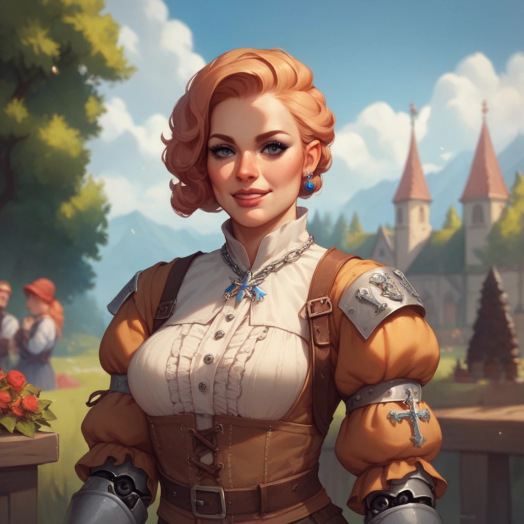portrait of Terra,is shy from below, mature female, perfect blue eyes, Blond hair, short ponytail with bangs, , oversized , big sagging , big , oversized , gigantic  ,brown medieval clothing with a apron, medieval snowing village, sunlight, volumetric lighting, centered, realistic, best quality, masterpiece, solo,