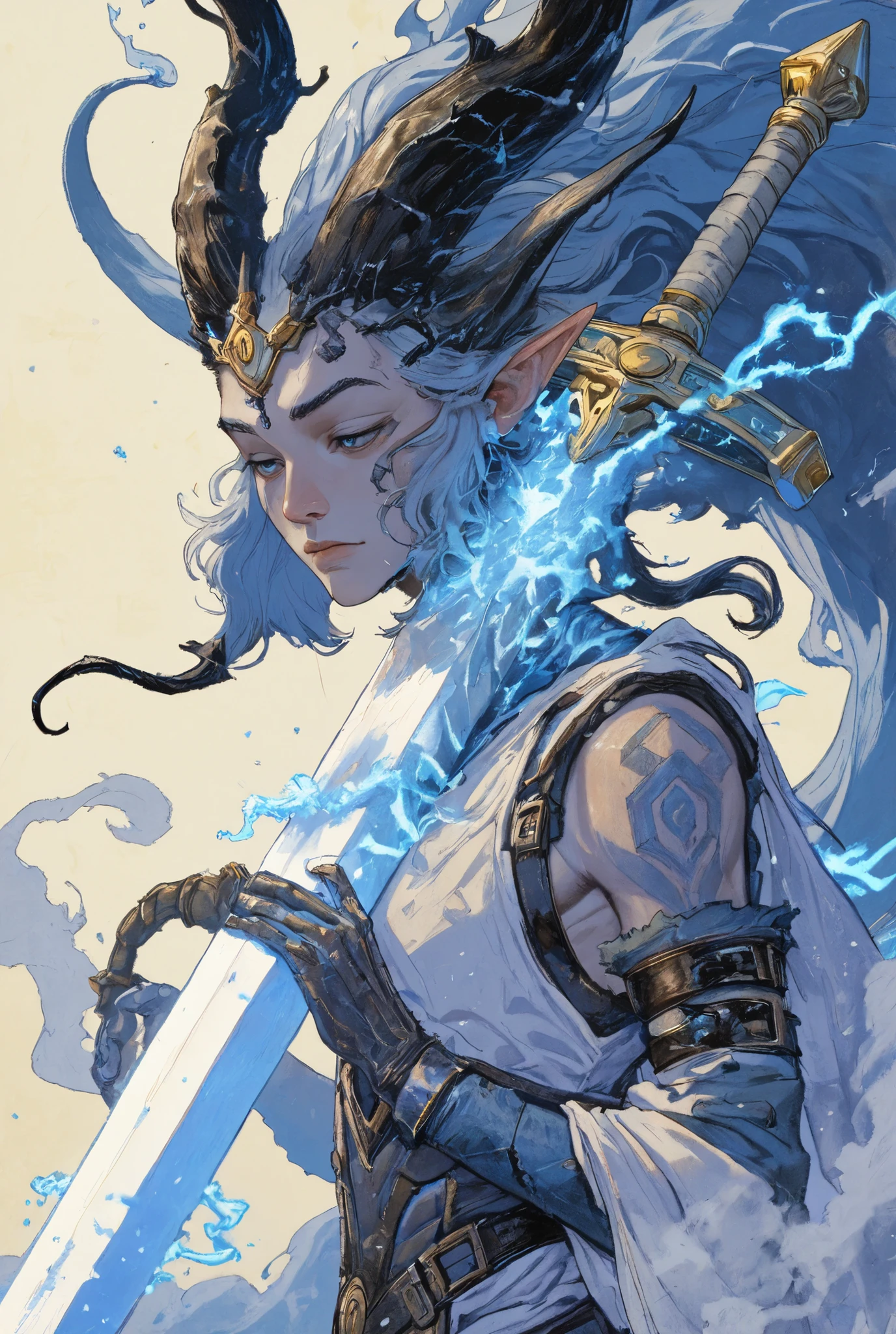 1male, masterpiece, upper body, A king of ice, scruffy beard, slim, pale hair, yellow, painted in the style arcane, in front of a small town, digital painting, painting in luminist style,