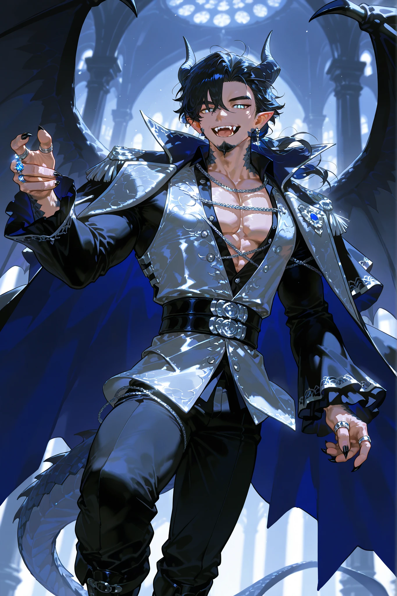 Male character, vampire middle-aged mature dragon. He has gray-black skin, muscular, masculine build, and pointed ears. He has silver-black dragon scales, horns , scaly dragon tail with spikes, and black-silver wings. He has toothy smile (vampire fangs) and snake tongue. He has white metallic eyes. He has longest blue-and-black wavy hair. He's not shaved-he has a goatee and a Fu Manchu mustache. He is wearing a loose-fitting white unbuttoned blouse, frill, and poet's sleeves. Silver vest with dragon scale print. She wears black trousers with lacing on the sides. Hip-high black boots. A black feathered cape. He has black claws and silver rings. (In the background:a moonlit starry night in Gothic castle overgrown with ivy.)