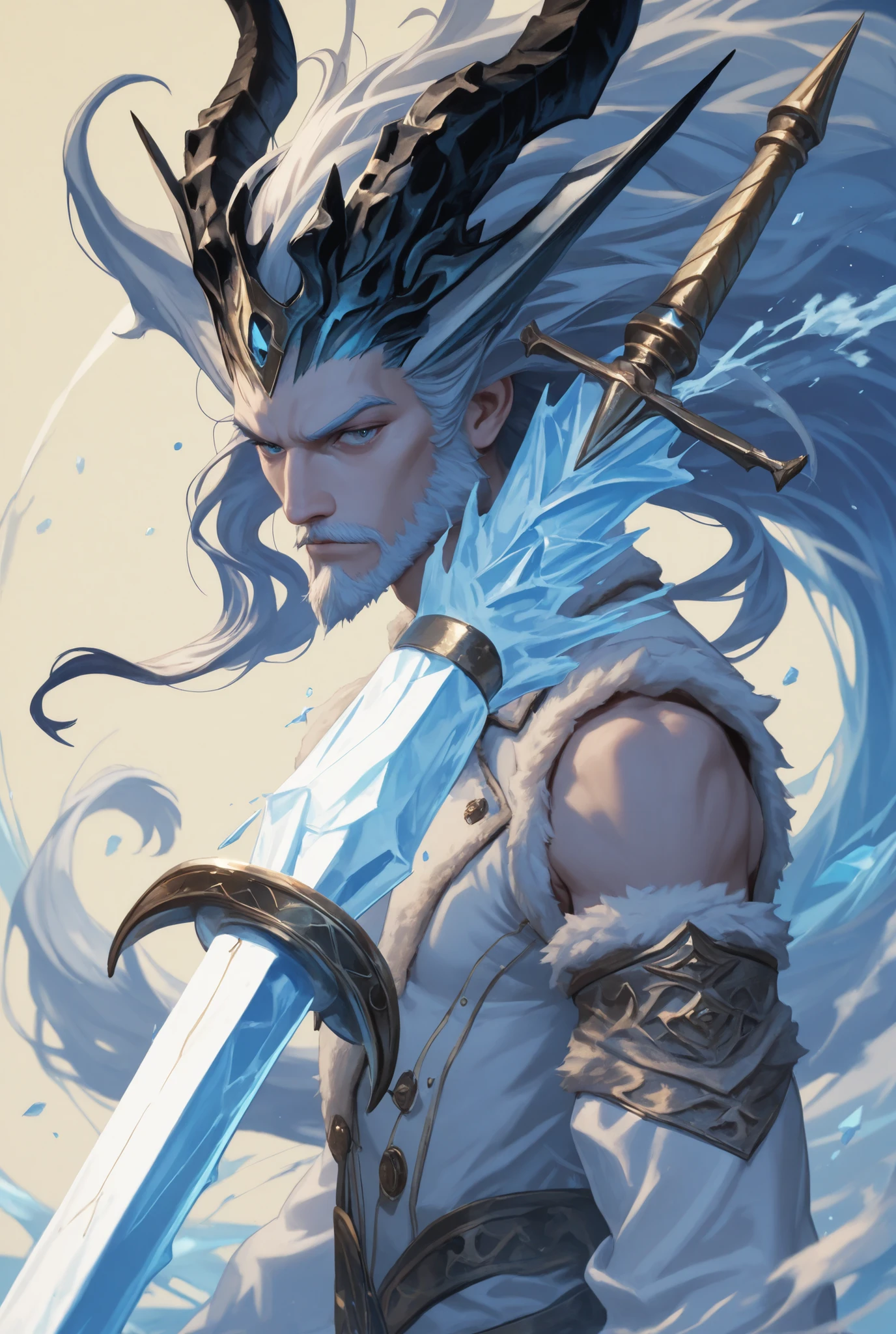 1male, masterpiece, upper body, A king of ice, royal coat with fur, scruffy beard, slim, pale hair, yellow, digital painting, painting in luminist style,