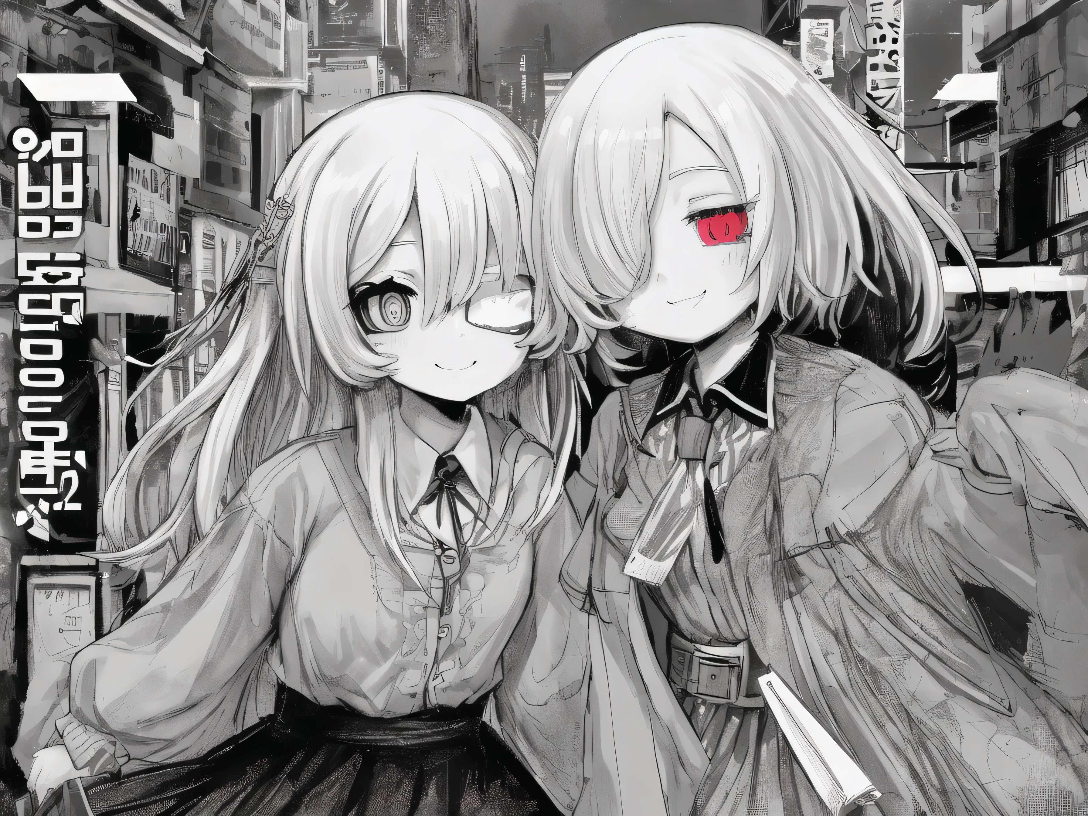 masterpiece 、 Highest Quality 、 upper body 、 1 girl 、 small breasts 、 use collared shirt and flared skirt as material 3 、 greyscale with colored background 、 washi tape（middle） 、 glitch 、 hair above one eye 、  blue sclera  、 wicked smile 、 negative prompt from outside：（最Low quality 、 Low quality：1。4 ） 、 username 、 text 、  low res 、 blurry 、 monochrome 、 NG_DeepNegative_V1_75T 、 EasyNegativeV2 、 nsfw 、 Step counter：20 、 sampler：DPM++ 2M Karras 、 CFG scale：6 、 seed：1805716162 、 size：512x768 、