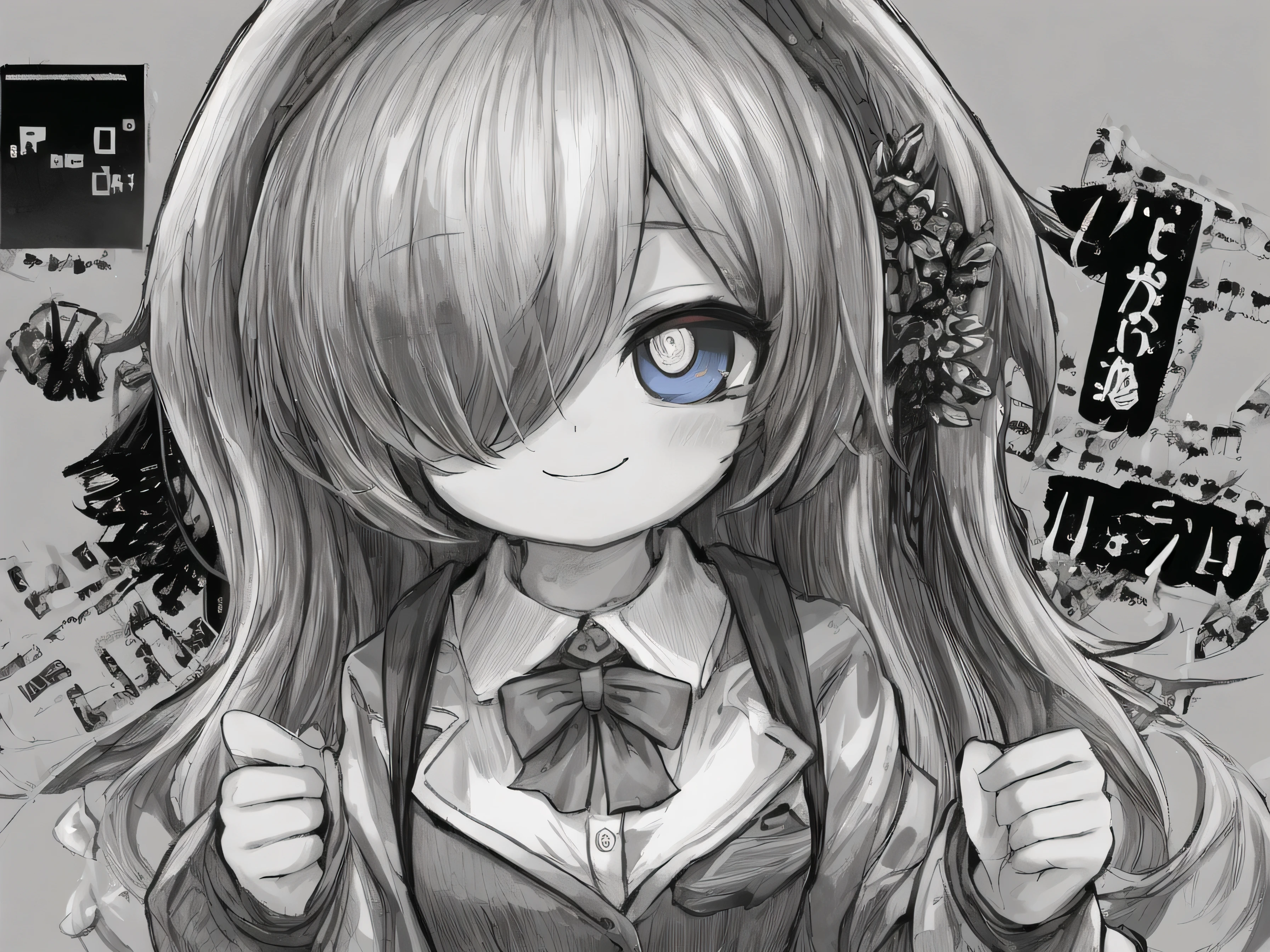 masterpiece 、 Highest Quality 、 upper body 、 1 girl 、 small breasts 、 use collared shirt and flared skirt as material 3 、 greyscale with colored background 、 washi tape（middle） 、 glitch 、 hair above one eye 、  blue sclera  、 wicked smile 、 negative prompt from outside：（最Low quality 、 Low quality：1。4 ） 、 username 、 text 、  low res 、 blurry 、 monochrome 、 NG_DeepNegative_V1_75T 、 EasyNegativeV2 、 nsfw 、 Step counter：20 、 sampler：DPM++ 2M Karras 、 CFG scale：6 、 seed：1805716162 、 size：512x768 、