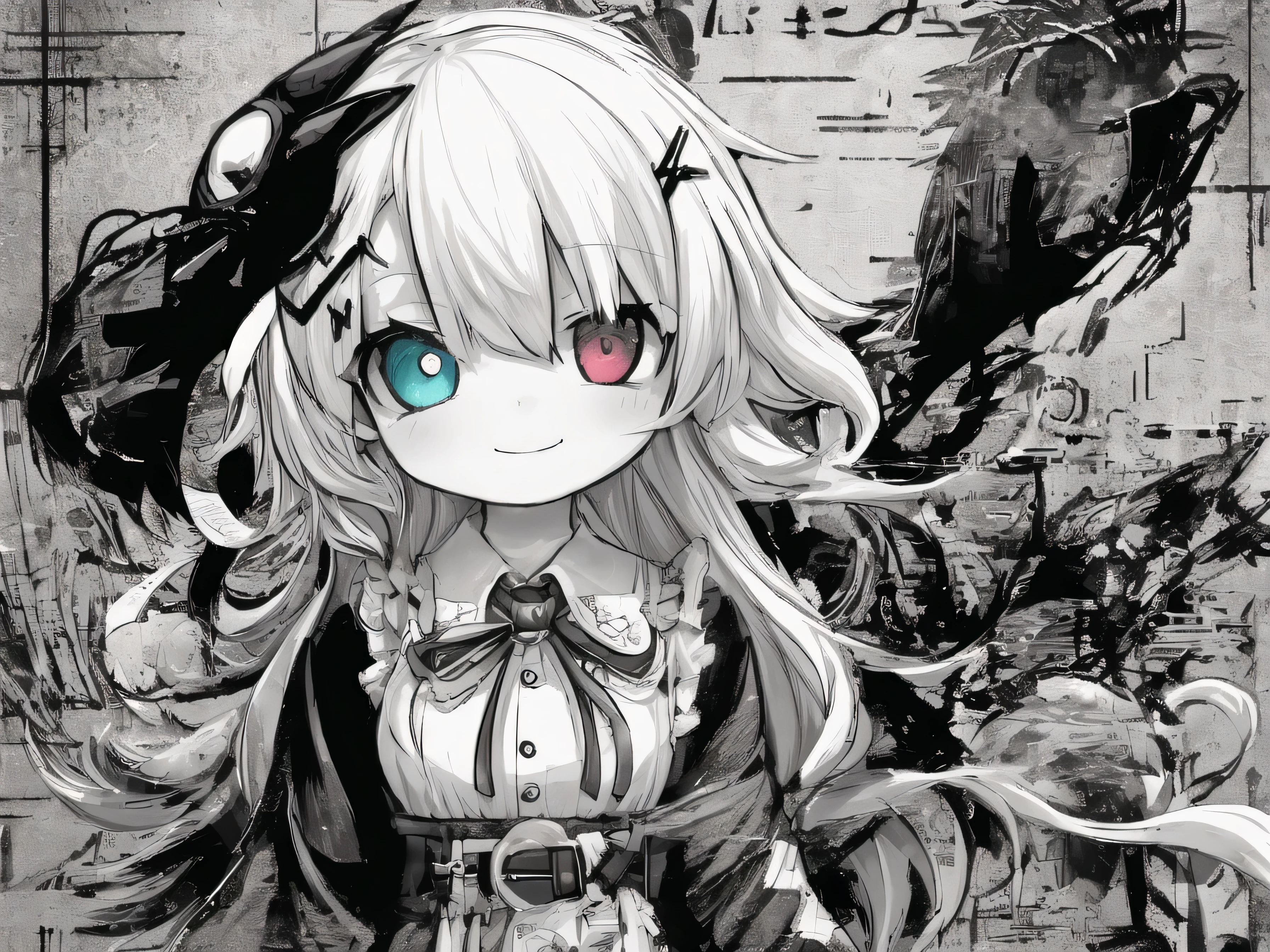 masterpiece 、 Highest Quality 、 upper body 、 1 girl 、 small breasts 、 use collared shirt and flared skirt as material 3 、 greyscale with colored background 、 washi tape(middle) 、 glitch 、 hair above one eye 、 blue sclera 、 wicked smile 、 negative prompt from outside:(最Low quality 、 Low quality:1。4 ) 、 username 、 text 、 low res 、 blurry 、 monochrome 、 NG_DeepNegative_V1_75T 、 EasyNegativeV2 、 nsfw 、 Step counter:20 、 sampler:DPM++ 2M Karras 、 CFG scale:6 、 seed:1805716162 、 size:512x768 、