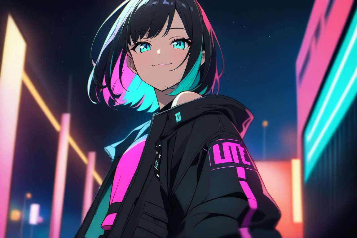detailed background, masterpiece, best quality, smile, ornament, hoodie, blue neon, graffiti, dark, night, glowing eyes, blacklight, medium breast,selfie