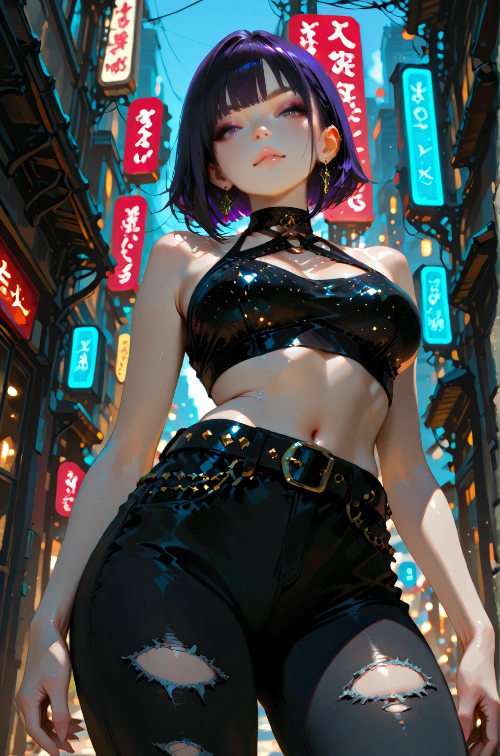 evildoer、girl、Hiding one eye、Black Hair、Bobcut、Black Veil、Black flared 、Eyes、Cat ear、cute、Upper Body、１０generation、tall、eight-headed body、Back alley at night、Neon lights in the distance