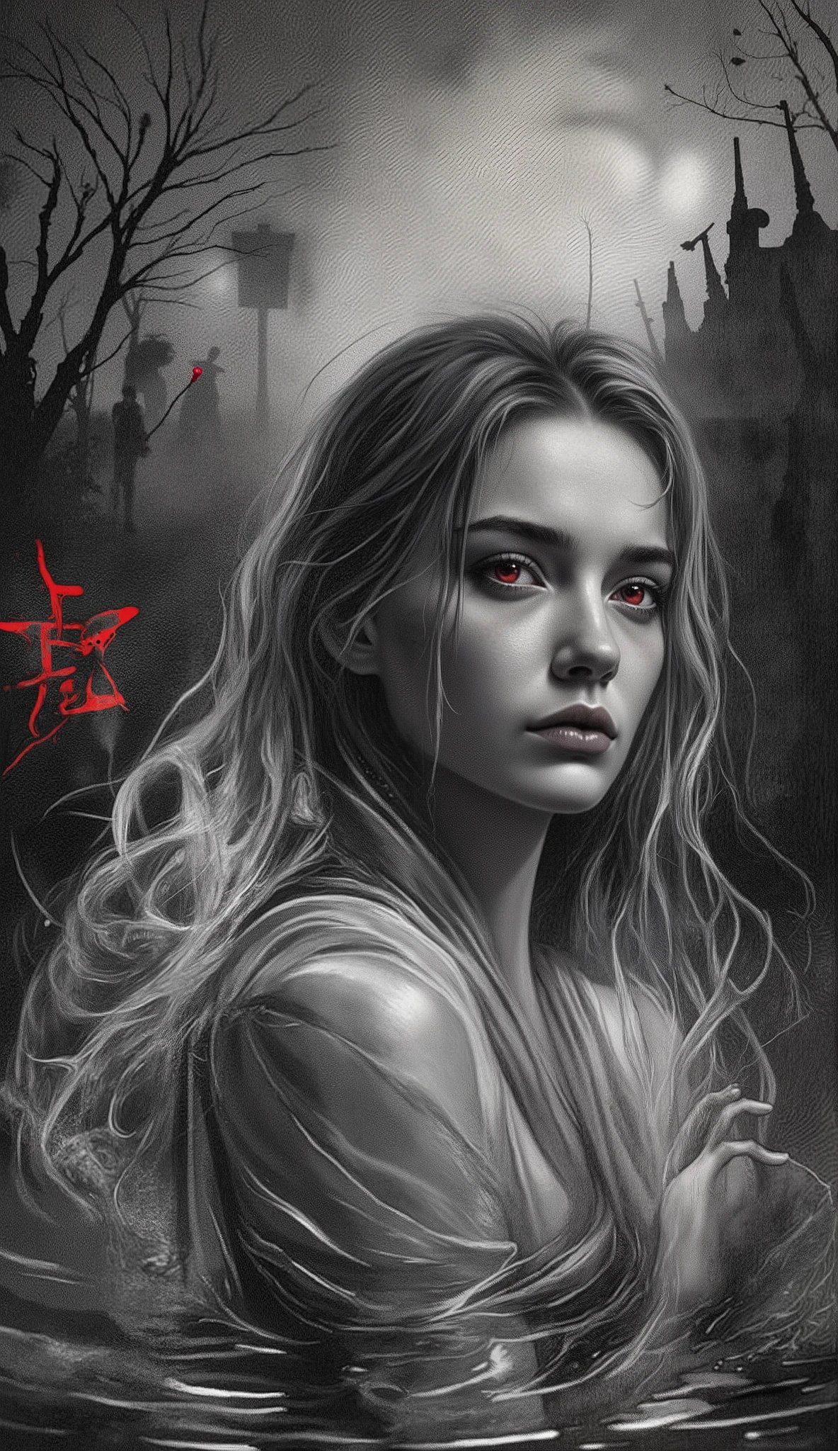 High-contrast black and white woodcut-style illustration with extremely intricate details. A ghostly lady, a drowned girl with red eyes, in a bathing suit, climbs out of a swimming pool at night. It's raining in Japan. This image is depicted in delicate, swirling lines and is the only splash of color amidst the monochrome Japanese swimming pool. One pale hand clutches the hem of her head, the other stretches slightly inward. Her head looks directly at the viewer with a sad, pained gaze. A faint, otherworldly mist curls around her, subtly blurred to emphasize her floating. Behind her, crumbling old wooden signs loom through low fog, partially obscured by swirling clouds. Reflections in puddles distort her ghostly figure into twisted, eerie lines that move toward the faint silhouette of a vanished lover. Inspired by medieval, with sad, eerie emotions, delicate textures and deep shadows reminiscent of a timeless urban legend.