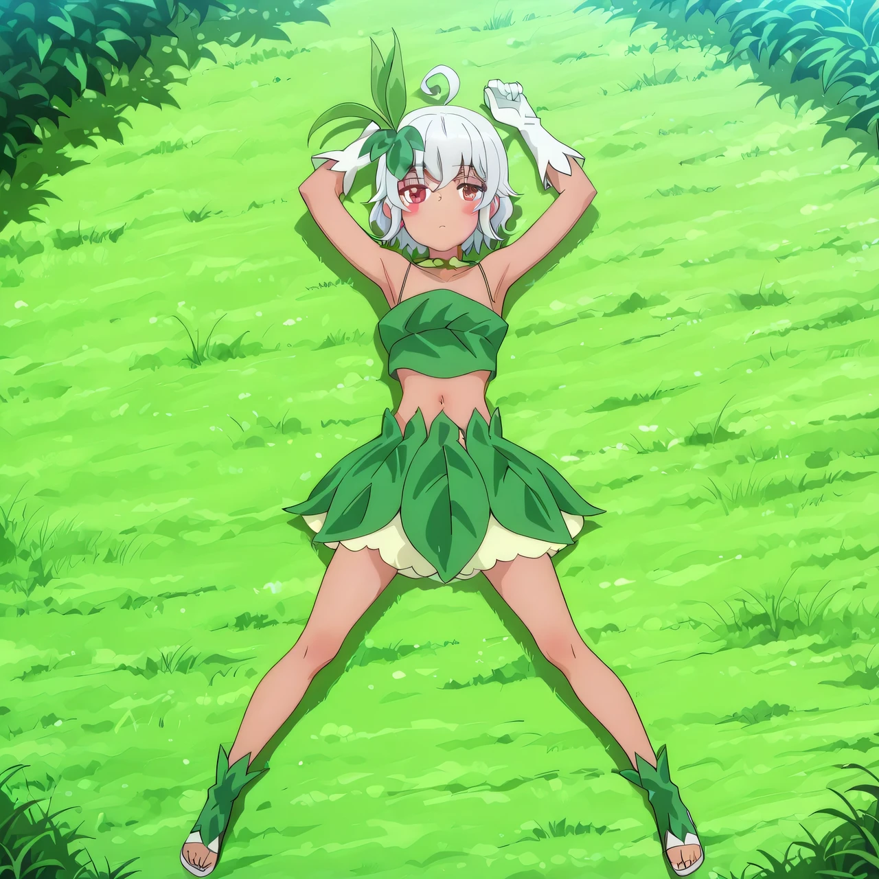 eris-mlf, red eyes, blush stickers, short hair, ahoge, dark-skinned female, white hair, eris-leaf-outfit, leaf, white gloves, bare shoulders, navel, collarbone, anime screencap, high quality, solo, lying, on back, arms up, legs apart, closed mouth, grass, full body, looking at viewer, overhead view, expressionless, best quality,