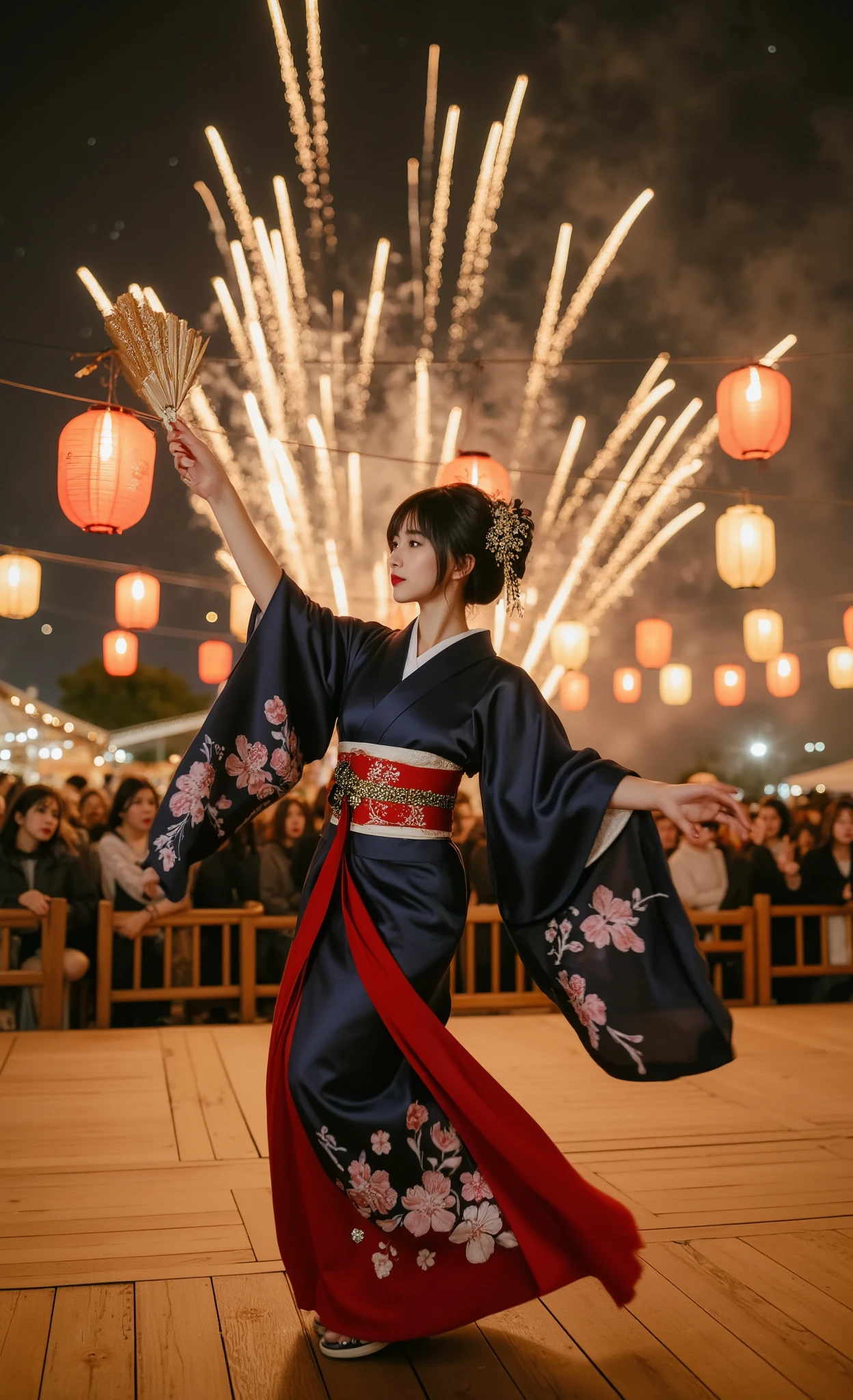 Beautiful Japanese woman of extraordinary beauty gracefully dancing on a traditional stage during a night matsuri, perfectly symmetrical face with delicate features and flawless porcelain skin with realistic texture, expressive almond-shaped eyes shining under the light of the lanterns, lips delicately painted in cherry red, shiny black hair tied in a hairstyle elaborated with floral kanzashi, wearing a navy blue yukata with cherry blossom pattern Gradient, obi red tied in an elegant bow on the back, sleeves floating in the air while performing precise traditional dance movements with an ornate fan, elegant posture with arms extended in symbolic gesture, wooden stage illuminated by colored paper lanterns hanging on strings, fireworks exploding in the night sky in cascades of gold and red colors reflecting on her face, crowd watching in admiration, festival stalls with lights in the background, starry sky, extremely detailed photorealism in 8K