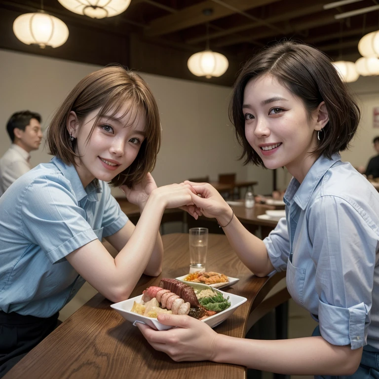 ((Highest quality、8k、masterpiece:1.3))、slimカップル、modelカップル、(Realistic, Intricate details:1.2), sashimi、Tempura、Japanese sake、Shochu 、Amazing view of the sunset sky and clouds、A bright smile、The wonderfulness of smile、Bright image、The beauty of wine, Beautiful Face, blue eyes, The light shines on your face, blush, short hair,Bright Face、 (Age 37), 39 years old, sparkling wine、Two beauties、Brown Hair、Shortcuts、Long sleeve shirt、dress、Beautiful woman 1, (slimな顔), (The body is slim), (Brown Hair), (Shortcuts), cheeks turn a little red,Attractive beauty、restaurant, In a prominent place (From the waist up) Nova Frog Style, actress, model, Upper Body, White wine, slim, smile, (smile: 1.15), Beautiful fine grain, Depth f/2,saturation, High Contrast, Strong light and shadow,Moist Body:1.5、3D texture、Delicate eyes、Brown Hair、The hair is very shiny、