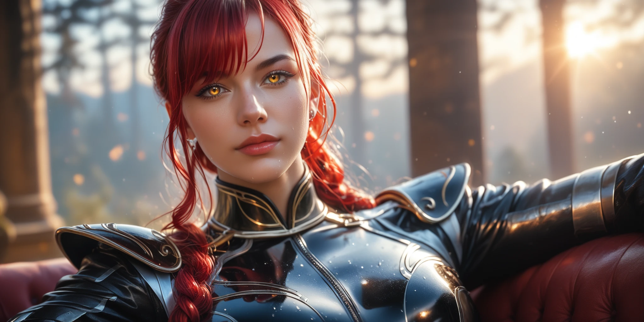 Masterpice, high quality, 4k, unreal engine, Face portrait of a very Beautiful princesse glowing eyes sexy face glowing eyes hyper realistic super detailed Dynamic shot, red hair, green eyes