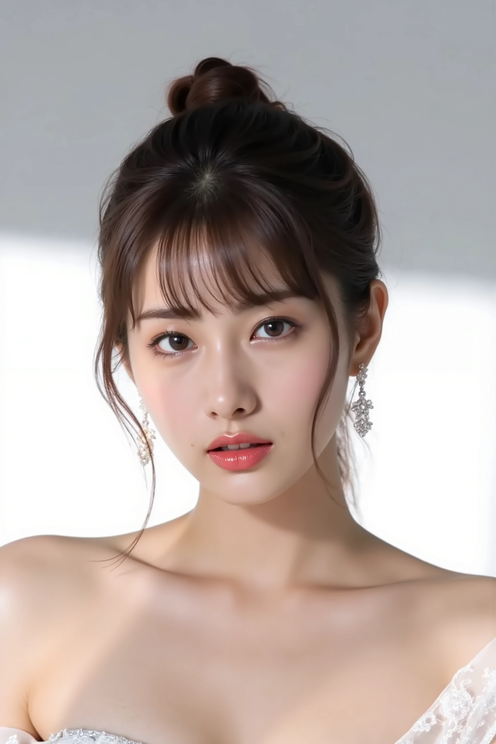 realistic,  Live Action 8K Quality . Beautiful Japanese mature woman with slim figure、, Curvaceous. She's at a loss, , wide open neckline,、naked、 it is exposed to the back of the chest. Beautiful Japanese mature woman with a slim figure showing her deep breasts、heavy makeup、necklaces、gem、art work. Images Exuding Intense  Attraction.