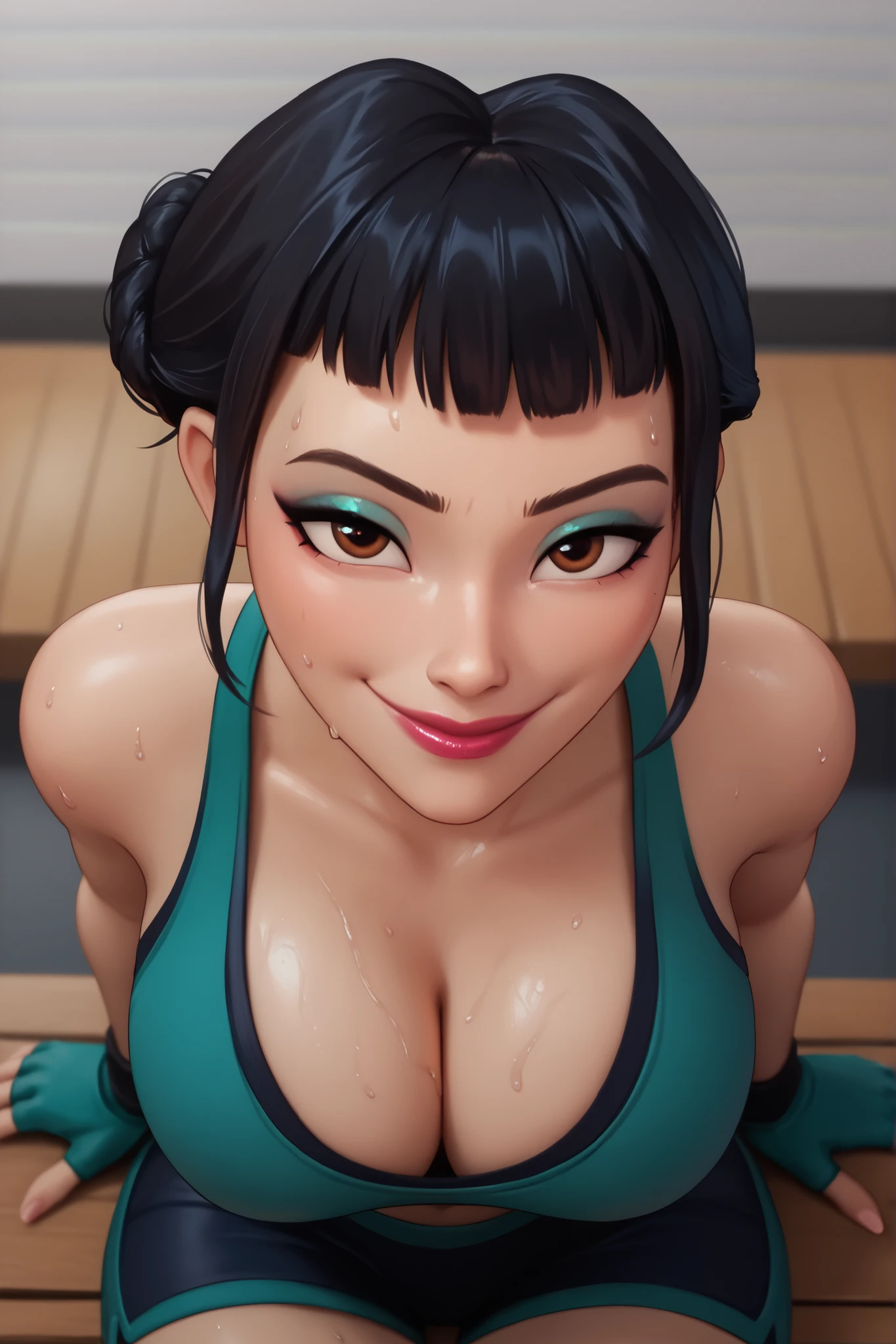 BREAK, score_6_up, score_7_up, score_8_up, score_9, 1girl, solo, kpdh_z0ey, black hair, short hair, hair bun, brown eyes, blunt bangs, lipstick, makeup, official KPop Demon Hunters aesthetic, , busty, cleavage, curvy, athletic, looking at viewer, seducing viewer, teasing viewer, expression, smiling, closed mouth, bedroom eyes, teal sports bra, black gym shorts, teal fingerless gloves, indoors, gym, sitting on bench, closeup, portrait, upper body, high-angle view, blue eyeshadow, sweaty, sweat drops