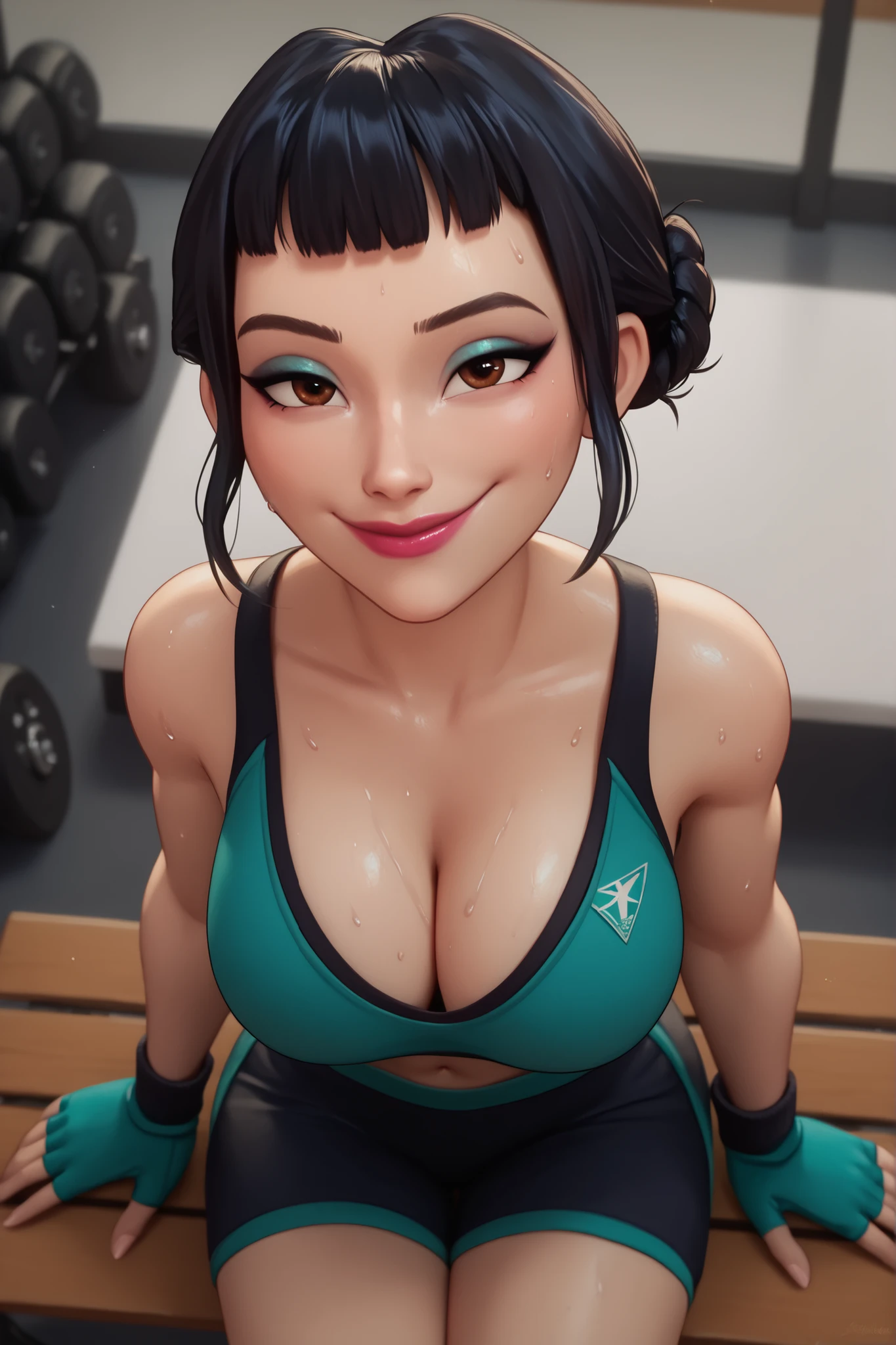 BREAK, score_6_up, score_7_up, score_8_up, score_9, 1girl, solo, kpdh_z0ey, black hair, short hair, hair bun, brown eyes, blunt bangs, lipstick, makeup, official KPop Demon Hunters aesthetic, , busty, cleavage, curvy, athletic, looking at viewer, seducing viewer, teasing viewer, expression, smiling, closed mouth, bedroom eyes, teal sports bra, black gym shorts, teal fingerless gloves, indoors, gym, sitting on bench, closeup, portrait, upper body, high-angle view, blue eyeshadow, sweaty, sweat drops