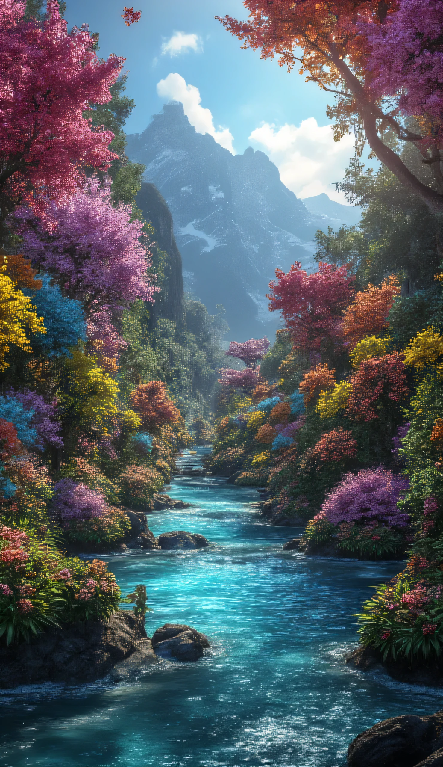 An incredible scene where a stream flows through giant flowers. A place where there are flowers the size of trees in various shapes and colors, the water in the stream is crystal clear and shimmering, the stones in the stream are the color of diamonds and everything looks like a fairy tale. In the distance you can see a mountain peak covered in snow and the sun's rays breaking through from the sun behind the hill. Real image in 8K, resolution shot with a professional camera, DSLR, HDR, Natural beauty