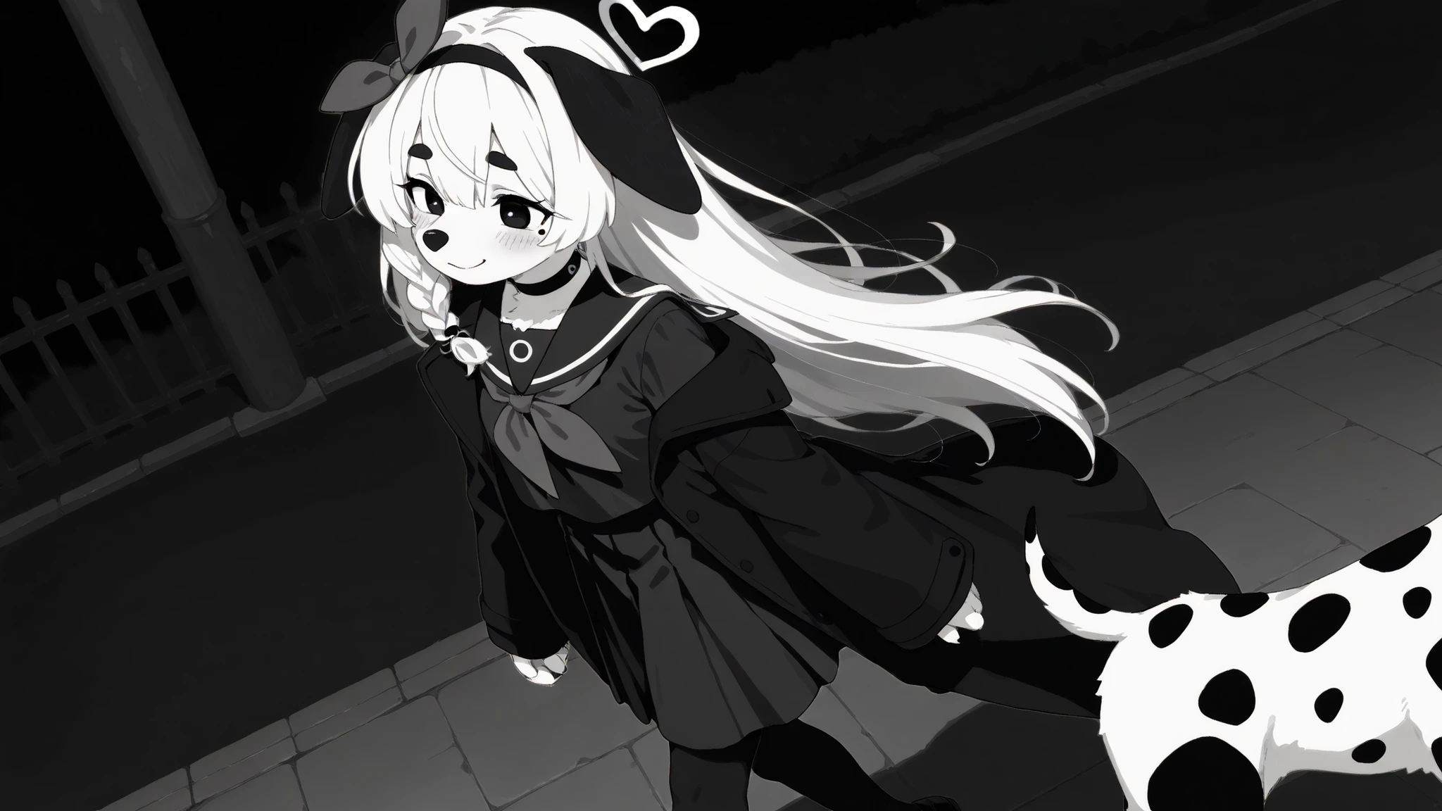 black eyes,long hair, white hair,braid,bow hairband,heart halo,choker,black serafuku,sailor collar,black long coat,skirt, black pantyhose, 1girl, anthro, furry, dog, dalmatian, black and white fur, black eyes, black spots, black nose spots, black eyebrows, black floppy ears, 1girl, detailed, masterpiece, blush, smile, leaving, night, monochrome, solo, walking,