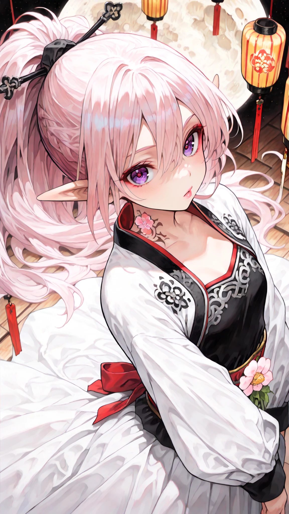 ((A pink-haired)),The hair was long,green eyes,Very long dull hairs,dark city background,white kimono costume,White miko stockings,white , night,standing,pink hair,pink hair,