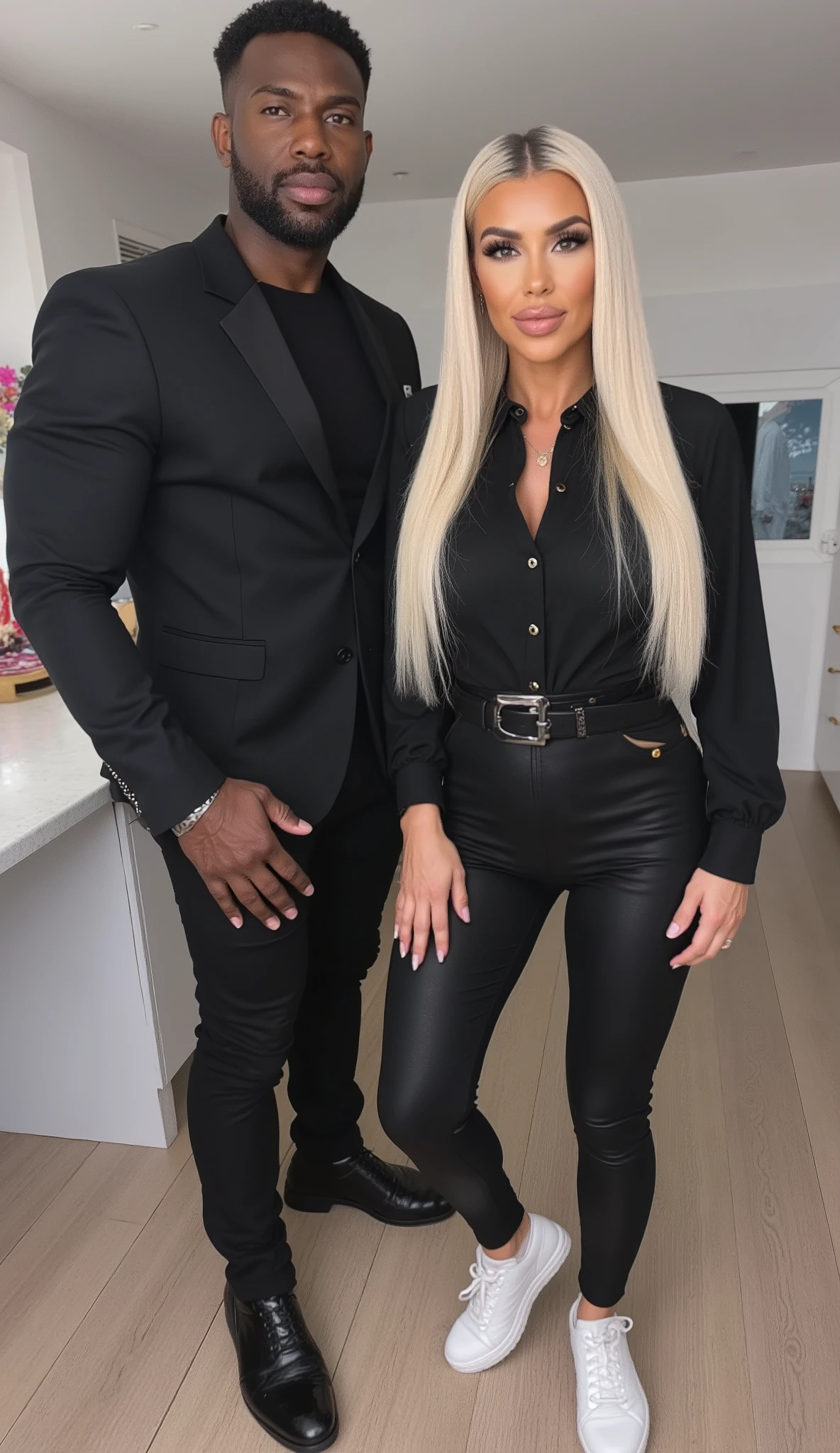 Kim Kardashian mit Long glattem , blonde hair in tight-fitting, black cotton shirt with collar and buttons and large cleavage , , wide black belt , ,in very tight black cotton leggings and white sneakers , Kim is standing in a modern kitchen, standing next to Kim is a tall muscular African man in a suit , Kim is only half as tall as the man , , ( full body shot, You can also see Kim's feet )