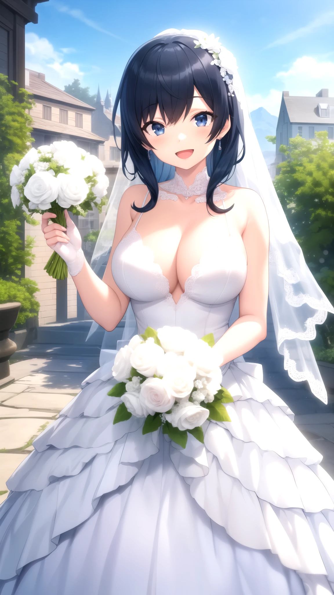 masterpiece, best quality, high quality, girl, solo, looking at viewer, touya_mochizuki, black hair, blue hair, large breasts, wedding Dress, standing, smile, open mouth, outdoors