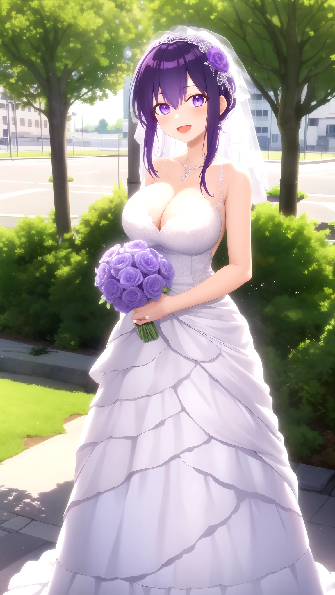 masterpiece, best quality, high quality, girl, solo, looking at viewer, yuuki_izumi, purple eyes, purple hair, large breasts, wedding Dress, standing, smile, open mouth, outdoors 