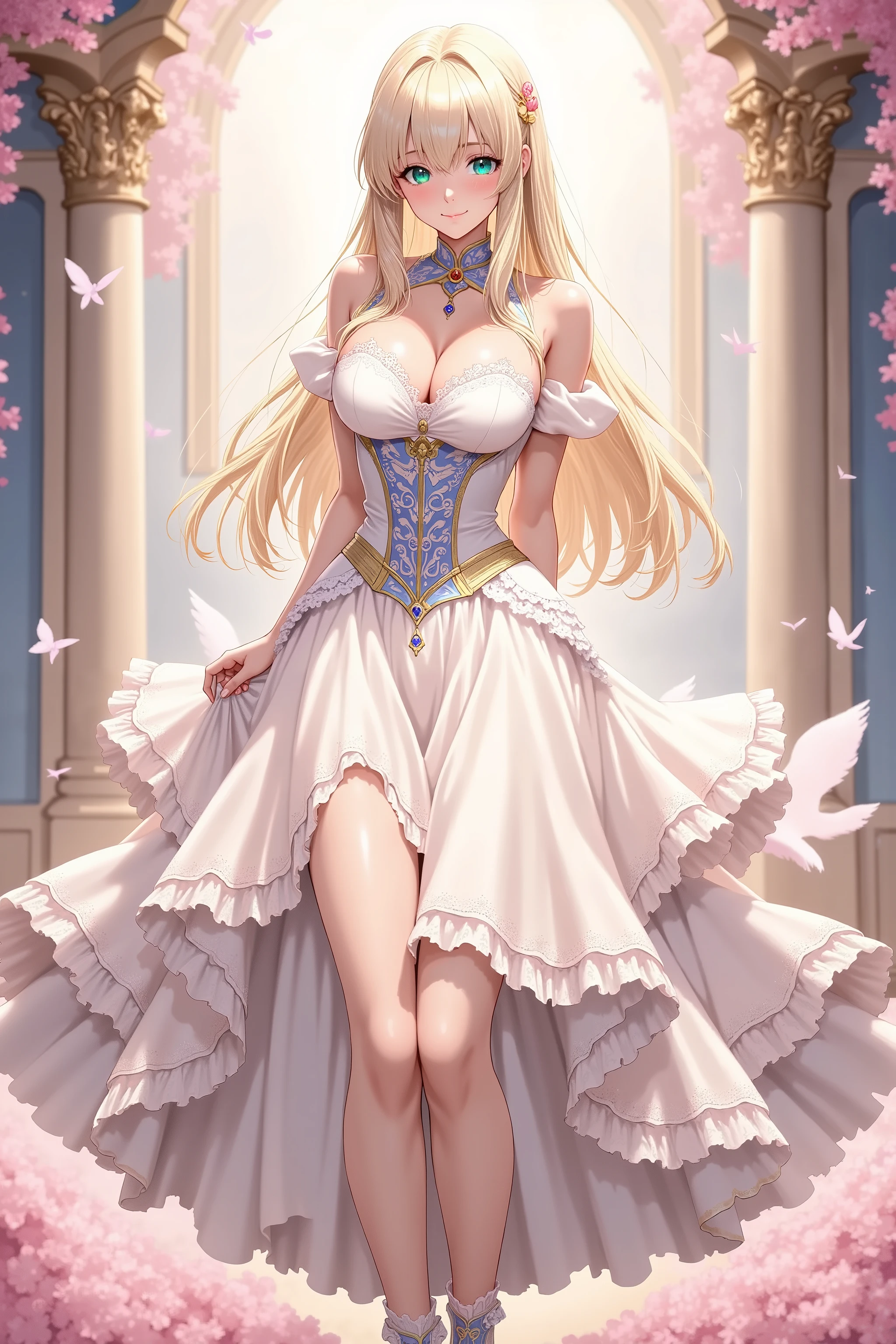 1girl, solo, full body, standing, fantasy setting, anime style, detailed shading, soft lighting, masterpiece, best quality, princess dress, frills, lace, wide skirt, pastel colors, elegant