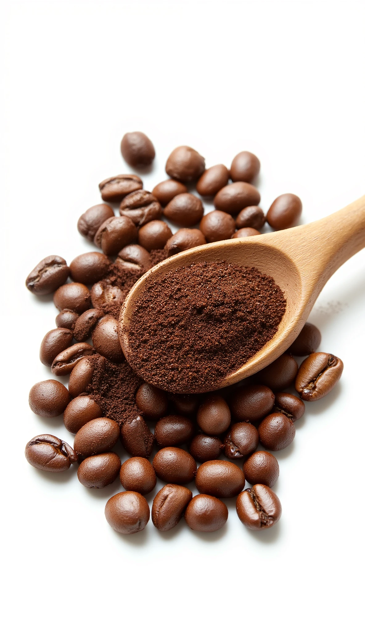A high-resolution, ultra-detailed close-up photograph of roasted coffee beans scattered on a clean white background, with a wooden spoon resting among them filled with finely ground coffee. The image captures the glossy texture and rich brown tones of the beans — ranging from deep espresso brown to lighter caramel highlights — under soft, even lighting. The composition is simple, minimal, and clean, emphasizing the contrast between the warm wood and the rich beans. The focus is crisp and sharp, showing every tiny detail, including the cracks, shine, and grain texture.