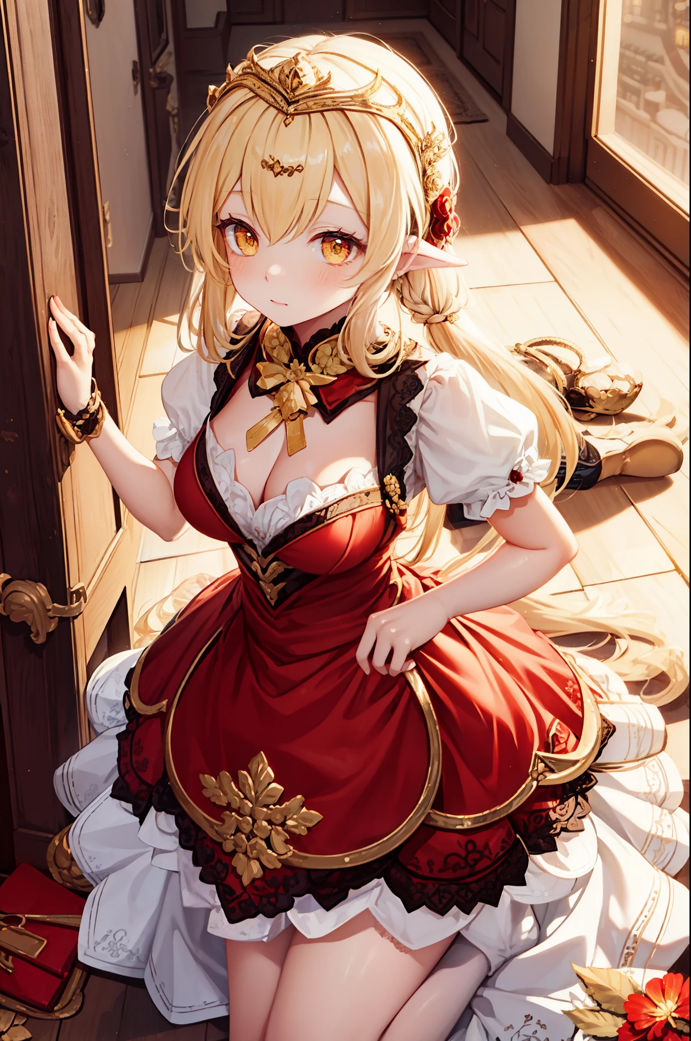 age Girl, charming,gorgeous,In Love ,sacred,( Yellow and White Princess Skirt :1.3),blond,klee, red eyes, Minimalism , Multi-layer exquisite ruffles ,Lots of Lace,( Lines on clothes :1.2),( Exquisite clothing :1.1),(Multi-layer Skirt ),Princess Crown, Perspective tulle garment , Beautiful detailed face , Bedroom scene in Western mythology, movie lights ,night,Single, Metallic Decoration ,lace,(shine:1.2), ( Best Quality ), (masterpiece:1.2),在走廊害羞走动